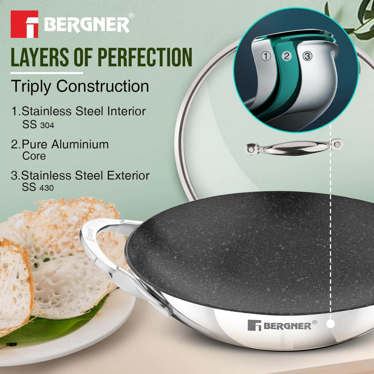 Side view of Bergner Argent Samsara 21cm Appachetty highlighting the triply construction and handle design