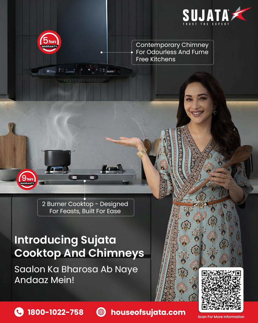 Sujata 2 burner gas stove steel body with forged brass burners and rotating nozzle
