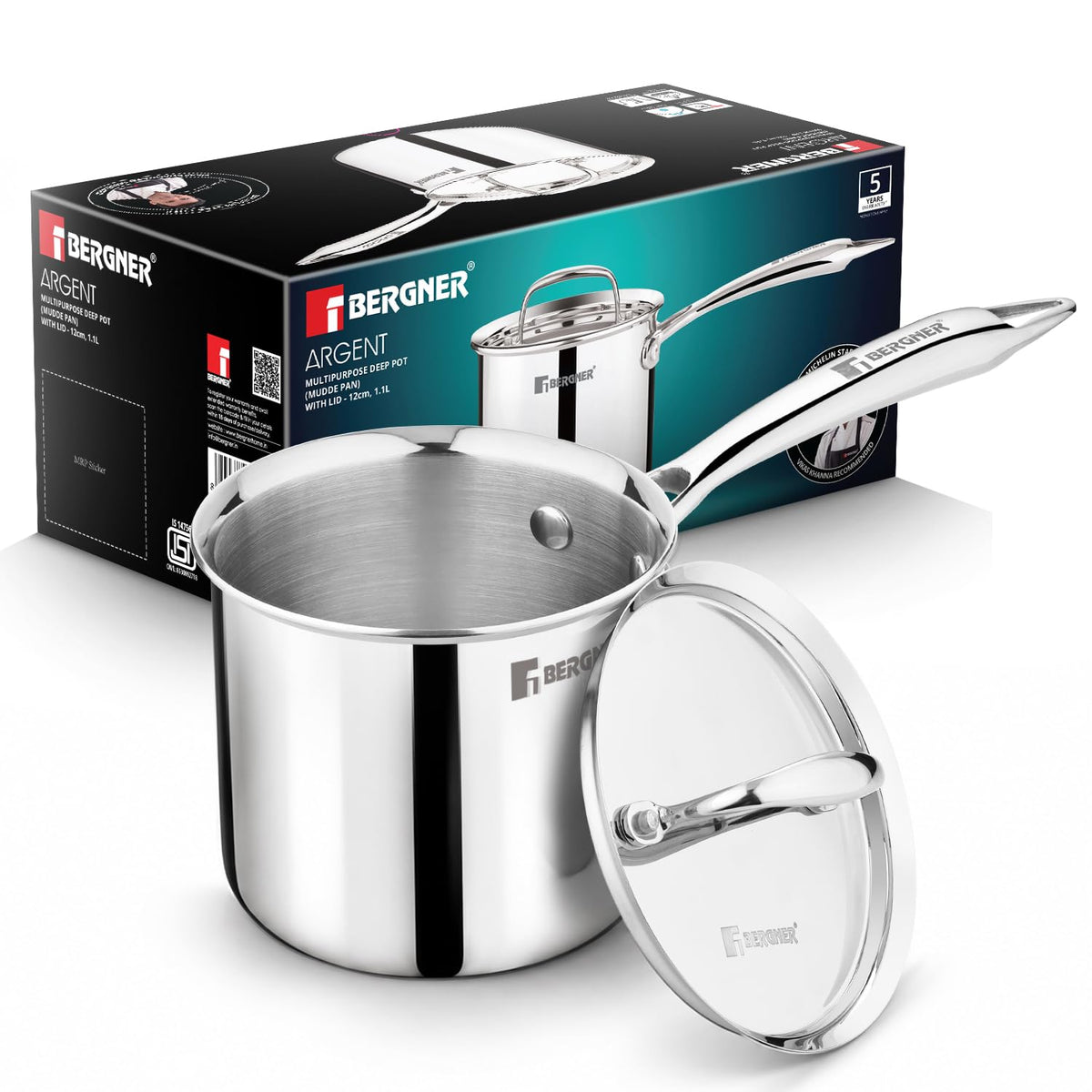 Bergner Argent Triply Mudde Pan with lid and retail box