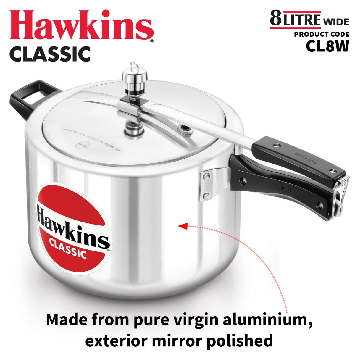 Hawkins Classic 8L Pressure Cooker made from virgin aluminium