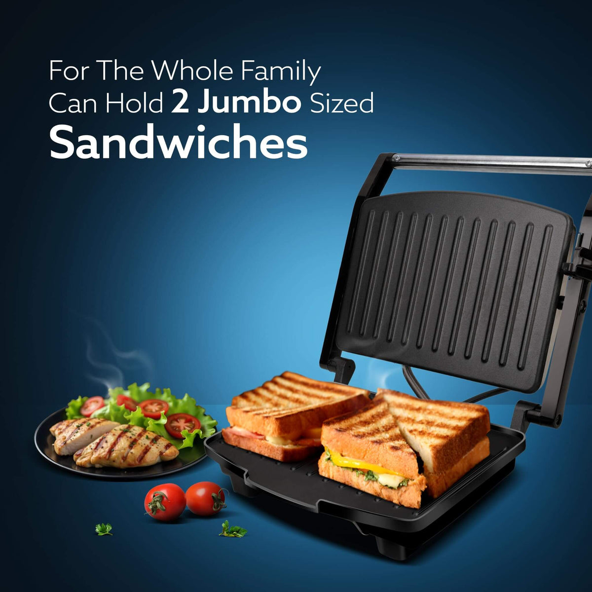 AGARO Royal sandwich maker displaying 90-degree floating hinges for thick sandwiches
