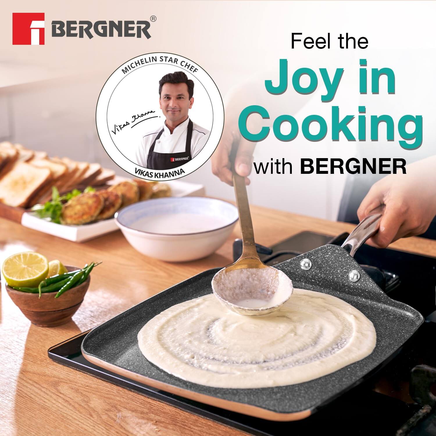 BERGNER 27cm Square Multi Tawa with Tri-Ply Technology with batter dosa