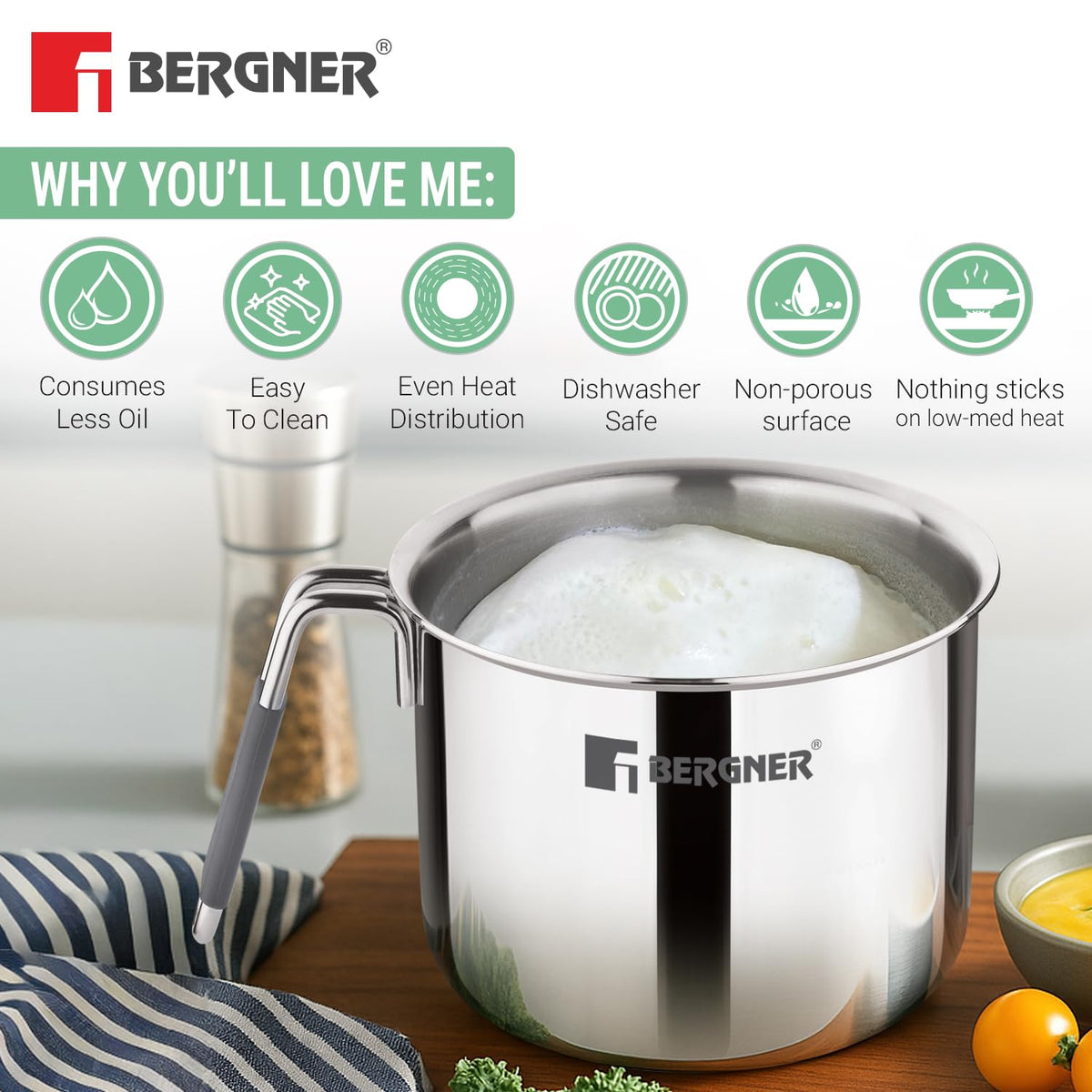 Bergner Argent Triply Stainless Steel Milk Boiler with Glass Lid & Stay-Cool Handle