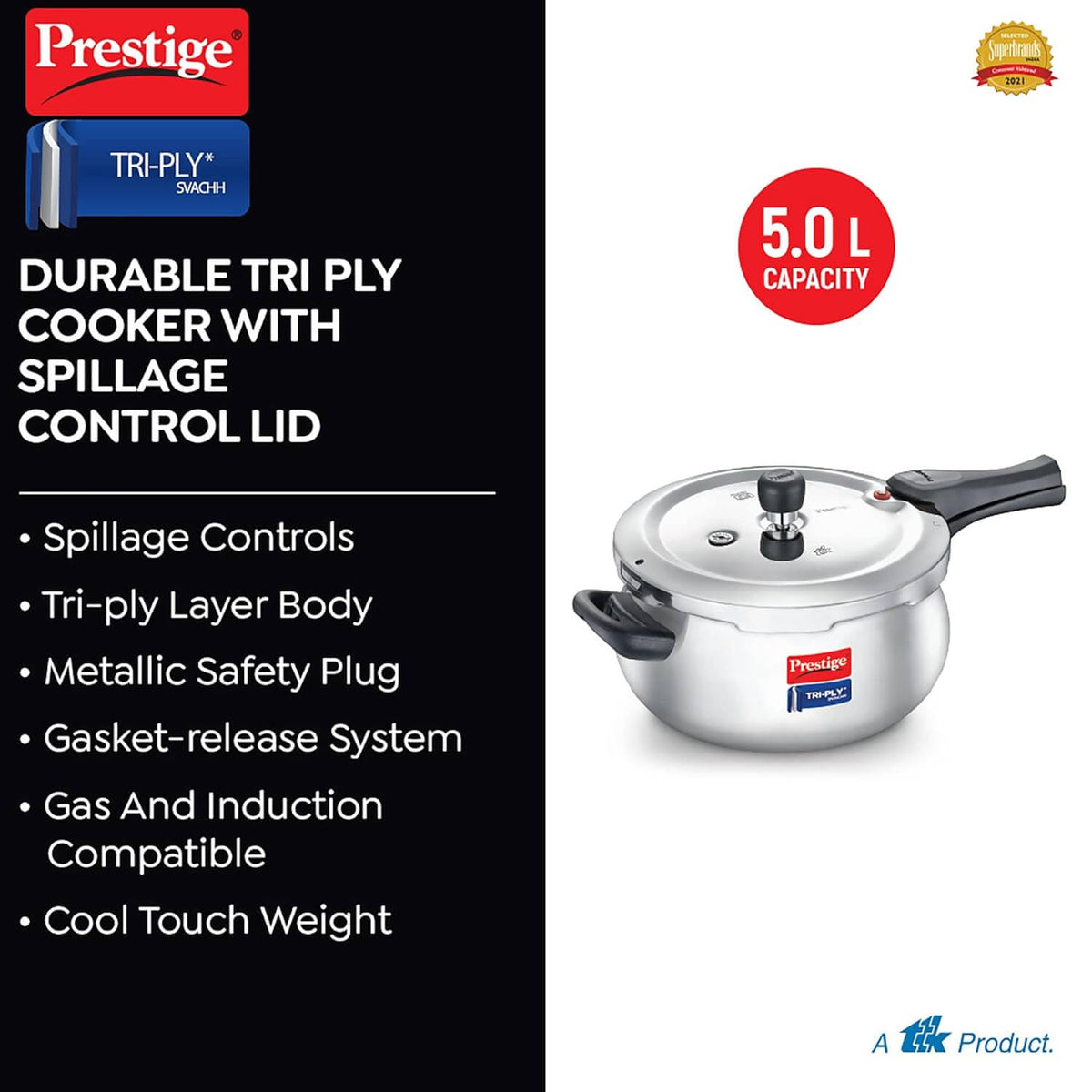 Prestige Svachh Triply Induction Base Outer Lid Pressure Cooker - Deep Lid, Spillage Control, 5-Year Warranty