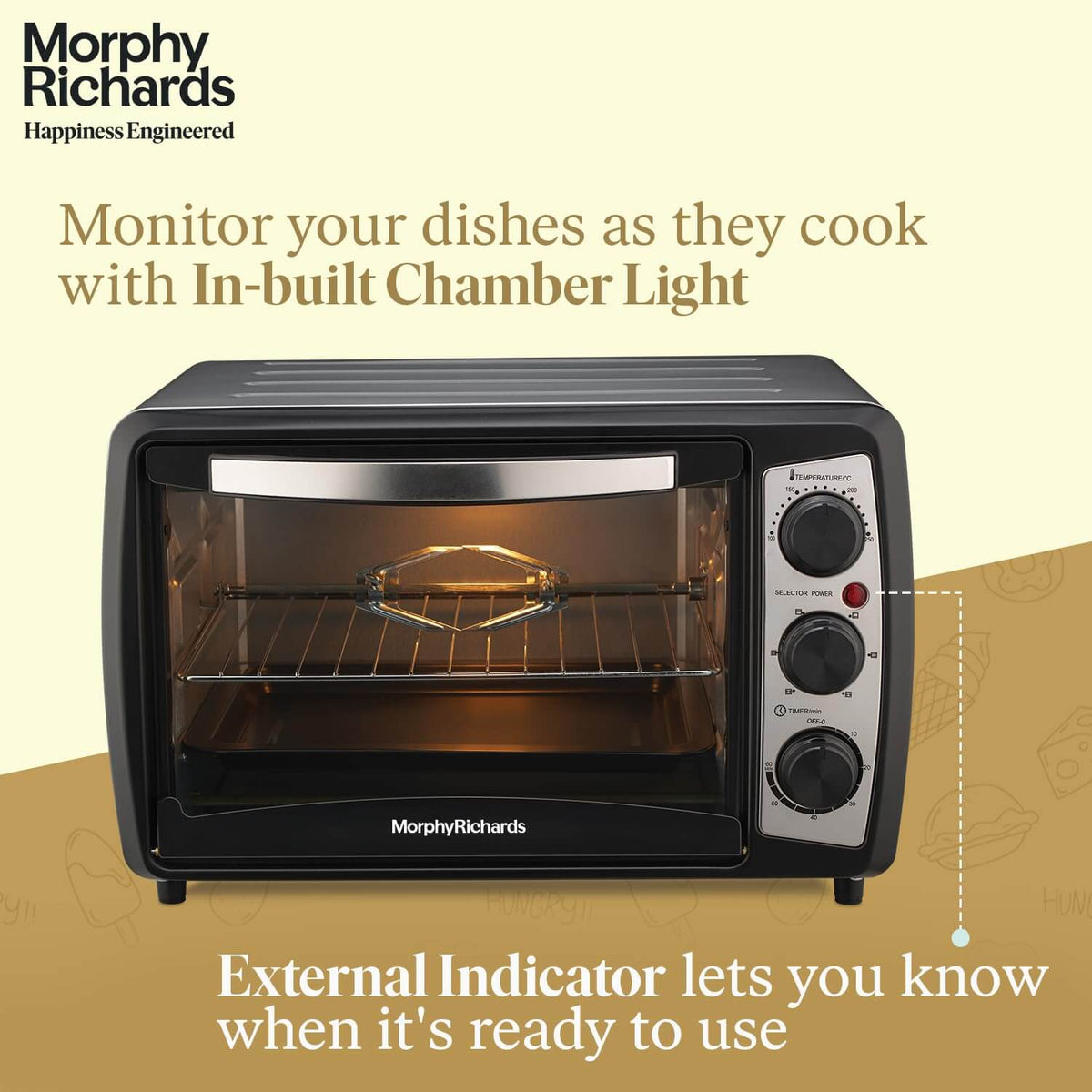 Morphy Richards 20R OTG Oven with in-built chamber light and external indicator for efficient cooking monitoring.