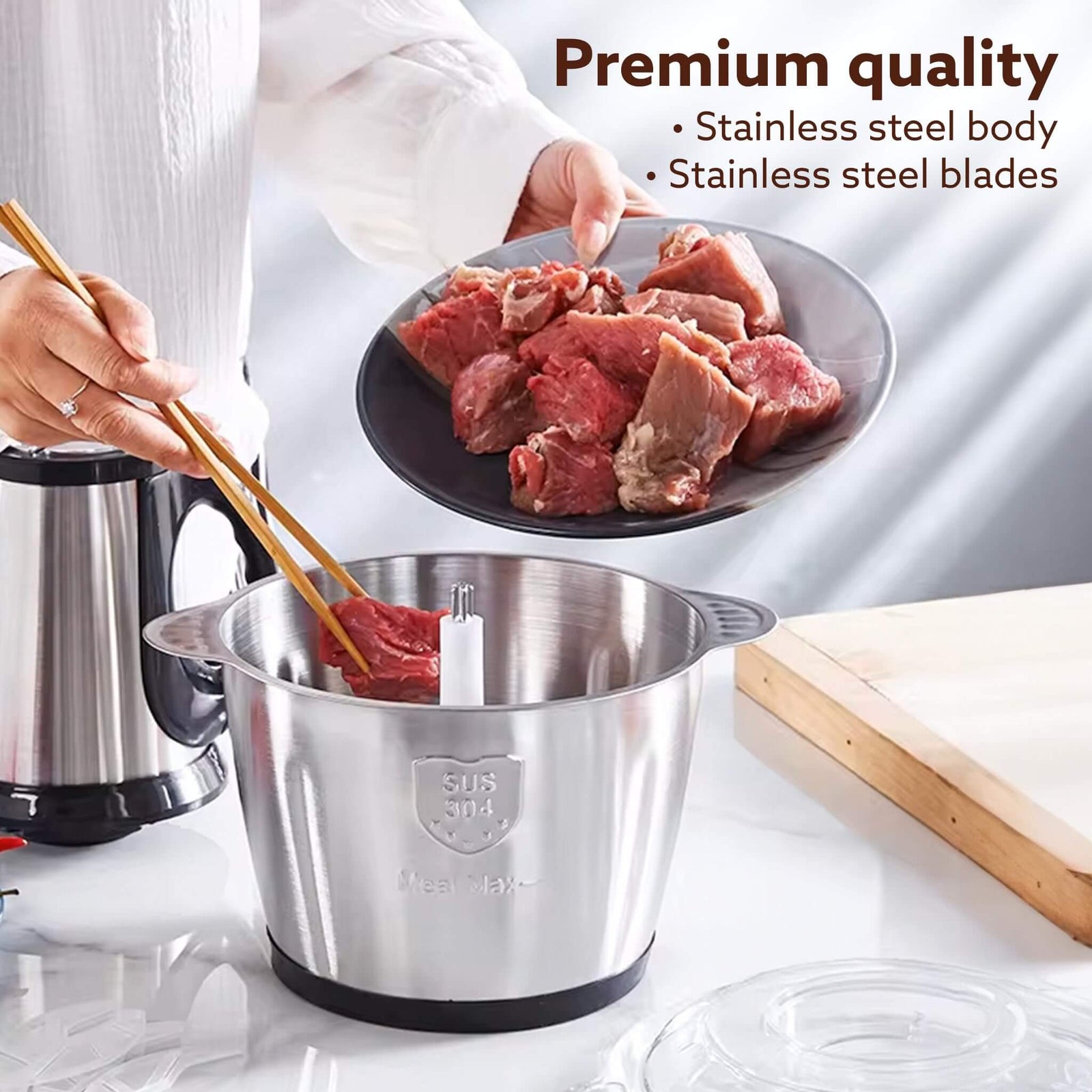 AGARO Delite Vegetable & Meat Chopper for Kitchen, Garlic Peeler, Egg Whisker, 2L Bowl, 400W Motor, 3 Speed Settings, Meat Grinder, Vegetable Mixer, Stainless Steel Body, Onion, Garlic, Fruits.