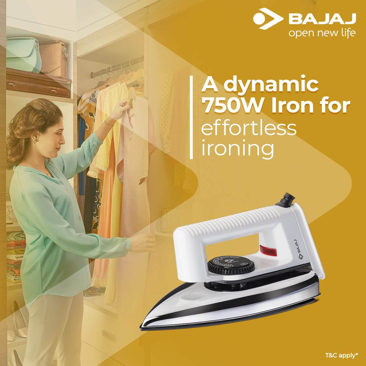 Bajaj 1000 watt dry iron in white with anti-bacterial soleplate technology