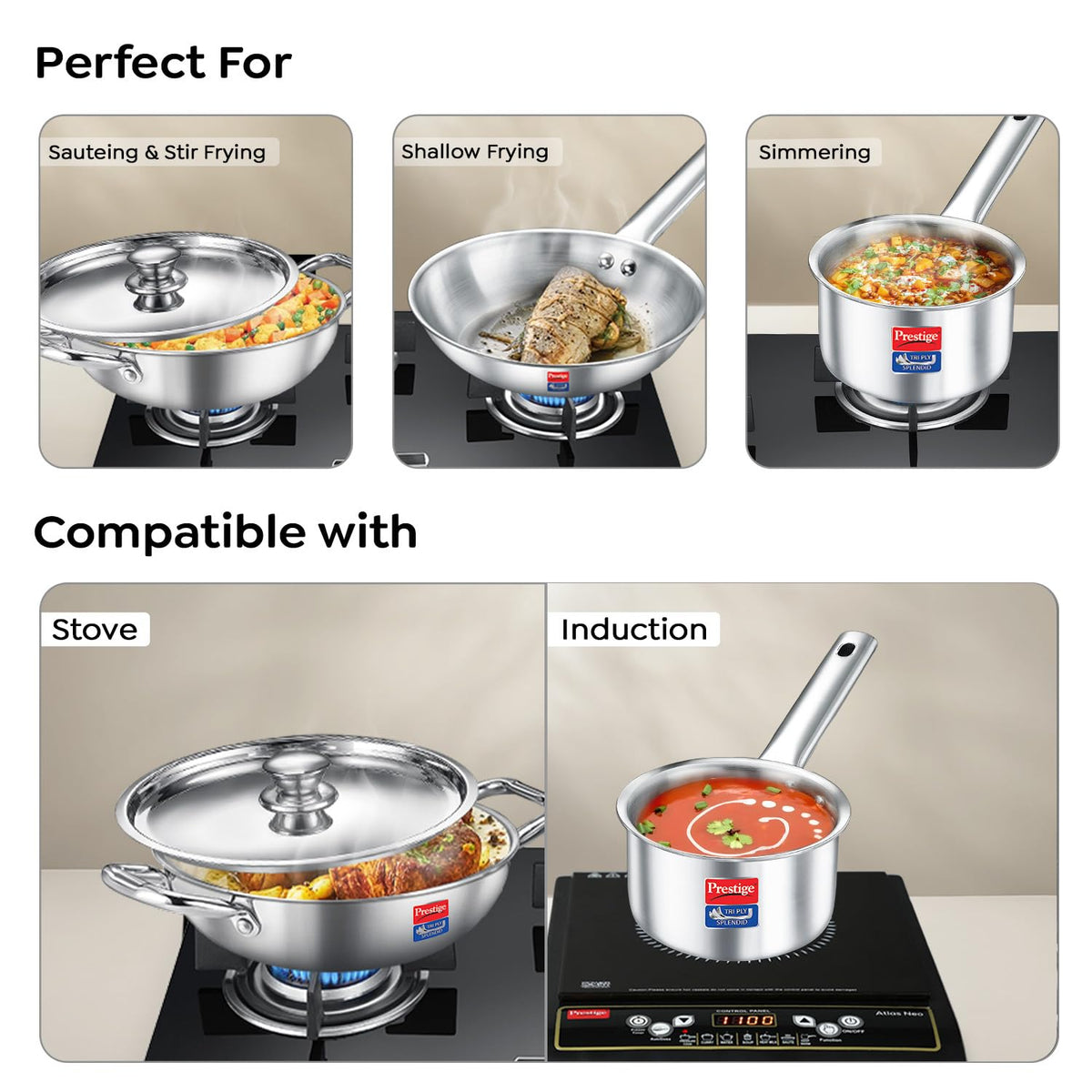 Prestige Triply Splendid cookware set gas and induction compatible base