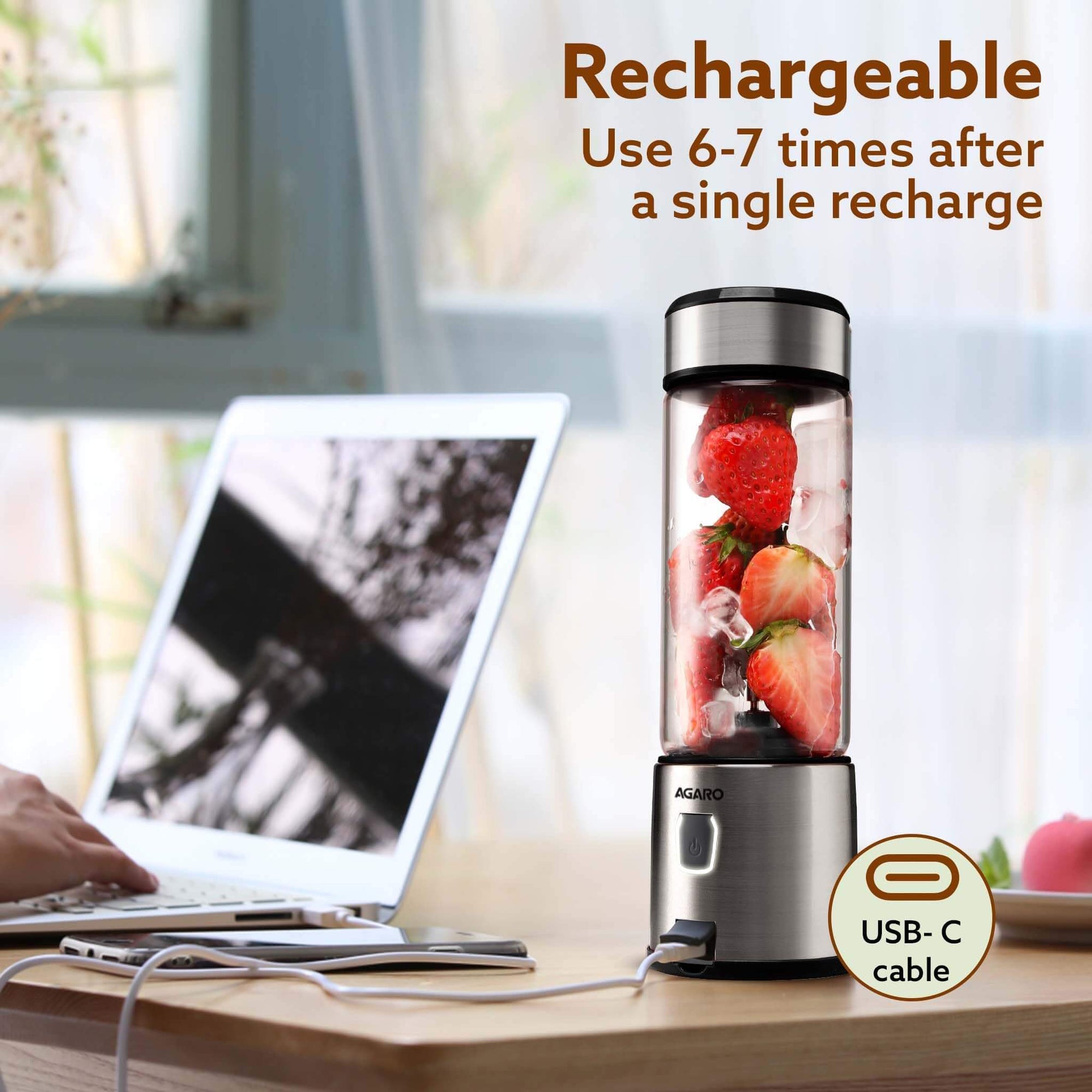 AGARO Galaxy Portable Blender, 450ml, USB Rechargeable, Smoothies, Shakes, 126W, 3000mAh Battery