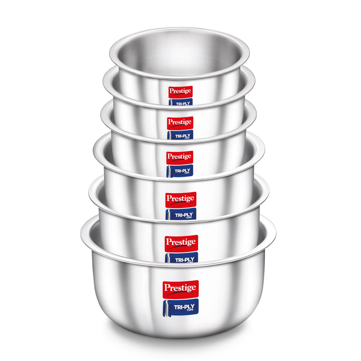 Prestige 6-piece tri-ply stainless steel tope set with mirror finish for gas and induction cooking