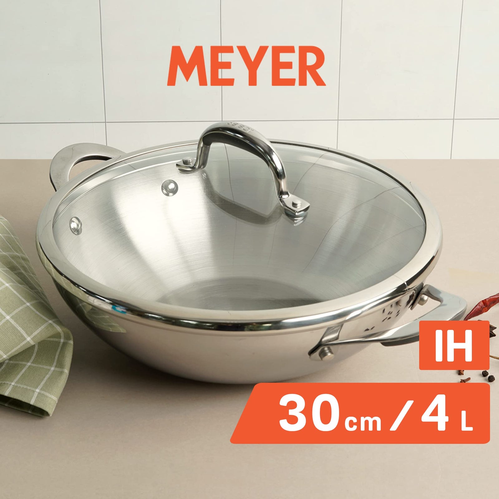 Meyer Select Stainless Steel Kadai 30cm / 4 Litre with Glass Lid — 5mm Sandwich Base, Induction Ready