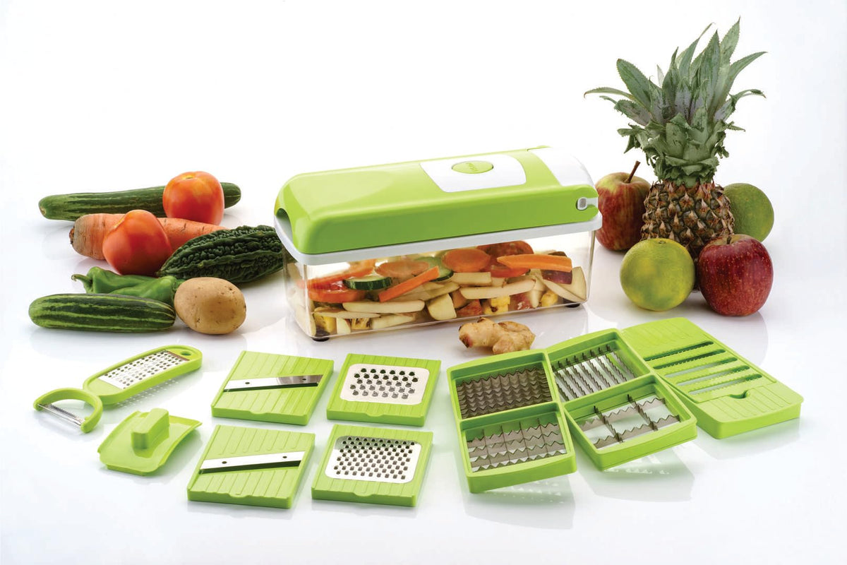Anjali 12-in-1 Dicer Slicer with Holder SC30 front view with all attachments