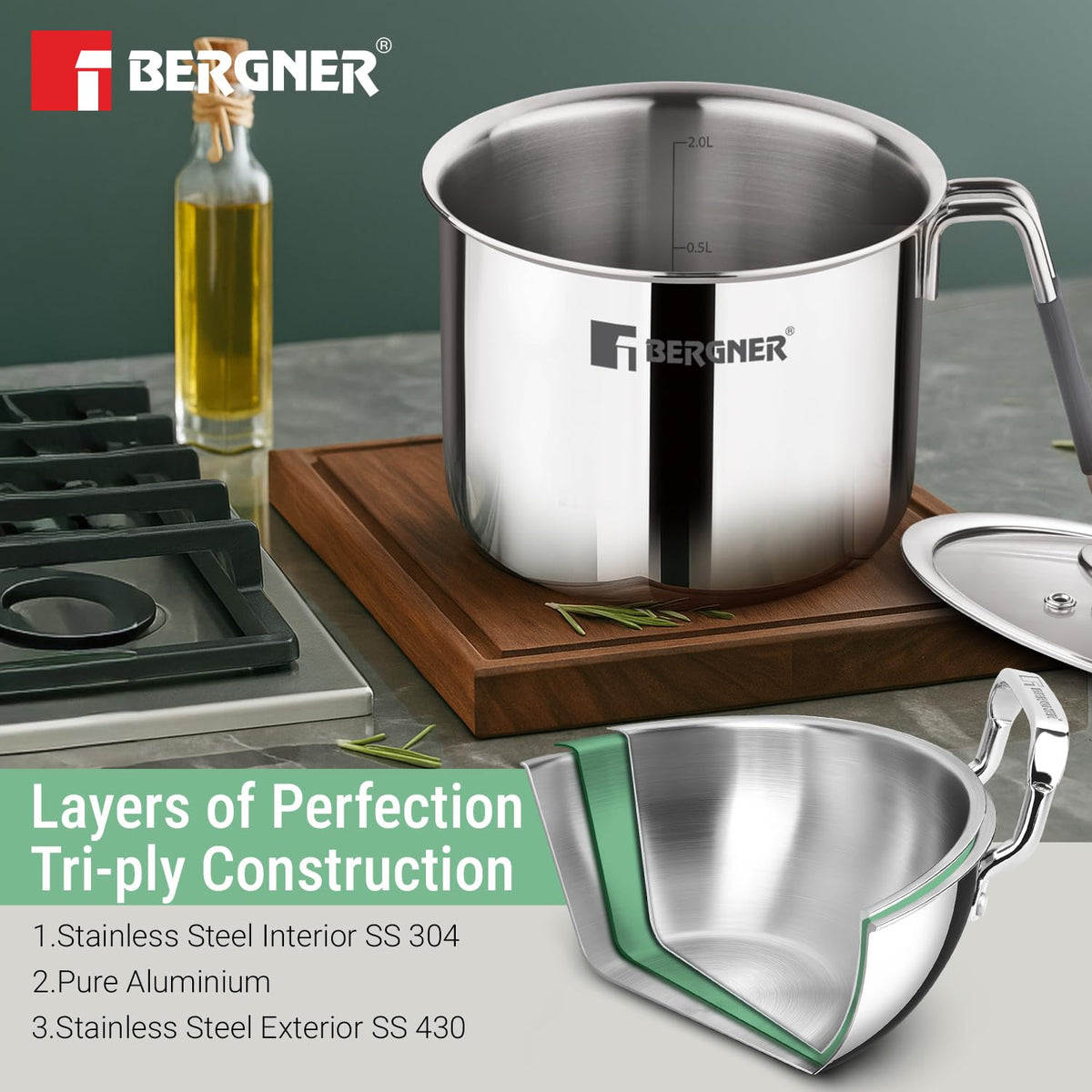 Bergner Argent Triply Stainless Steel Milk Boiler with Glass Lid & Stay-Cool Handle