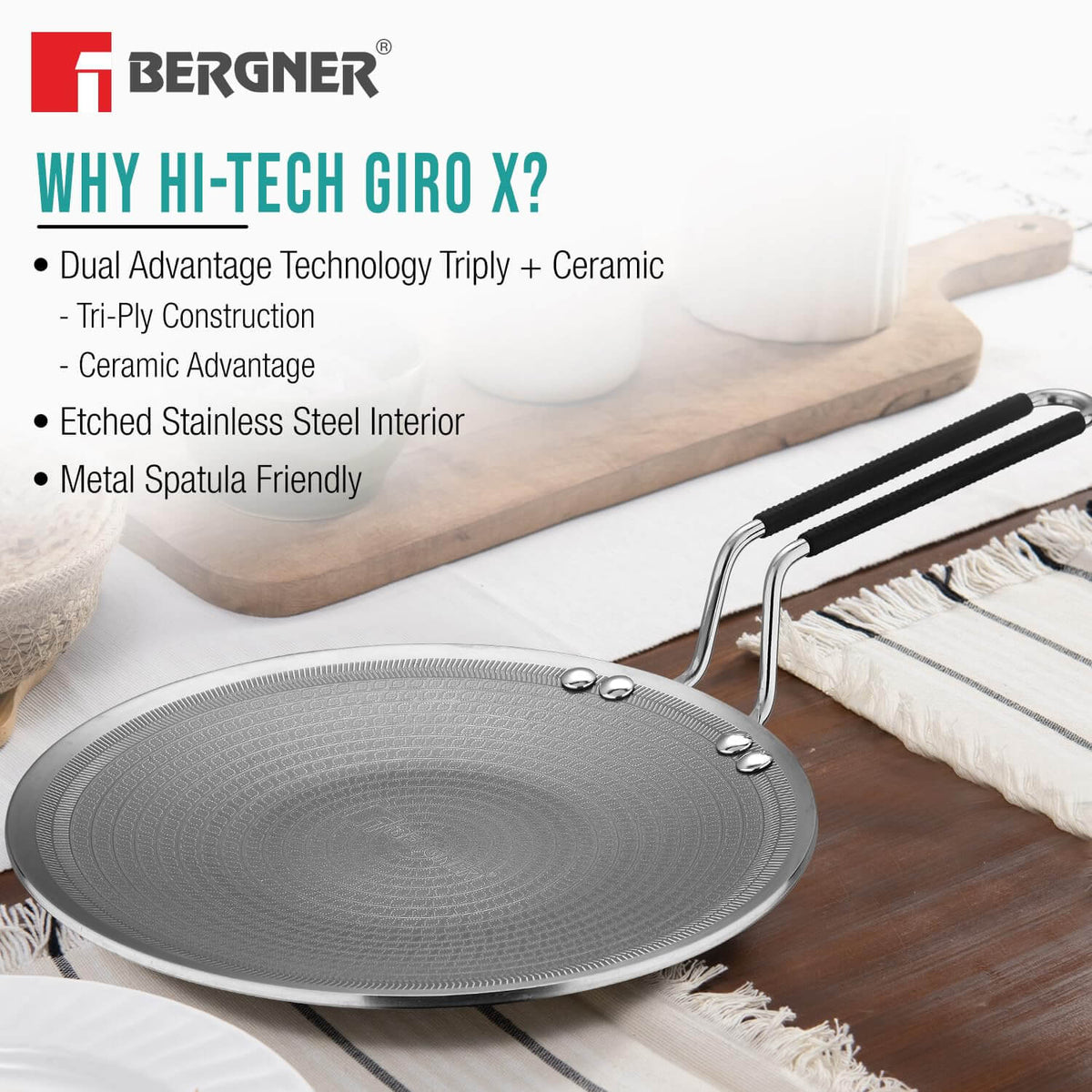 Top view of BERGNER Ceramic Coated Roti Tawa showing honeycomb pattern and scratch-resistant surface