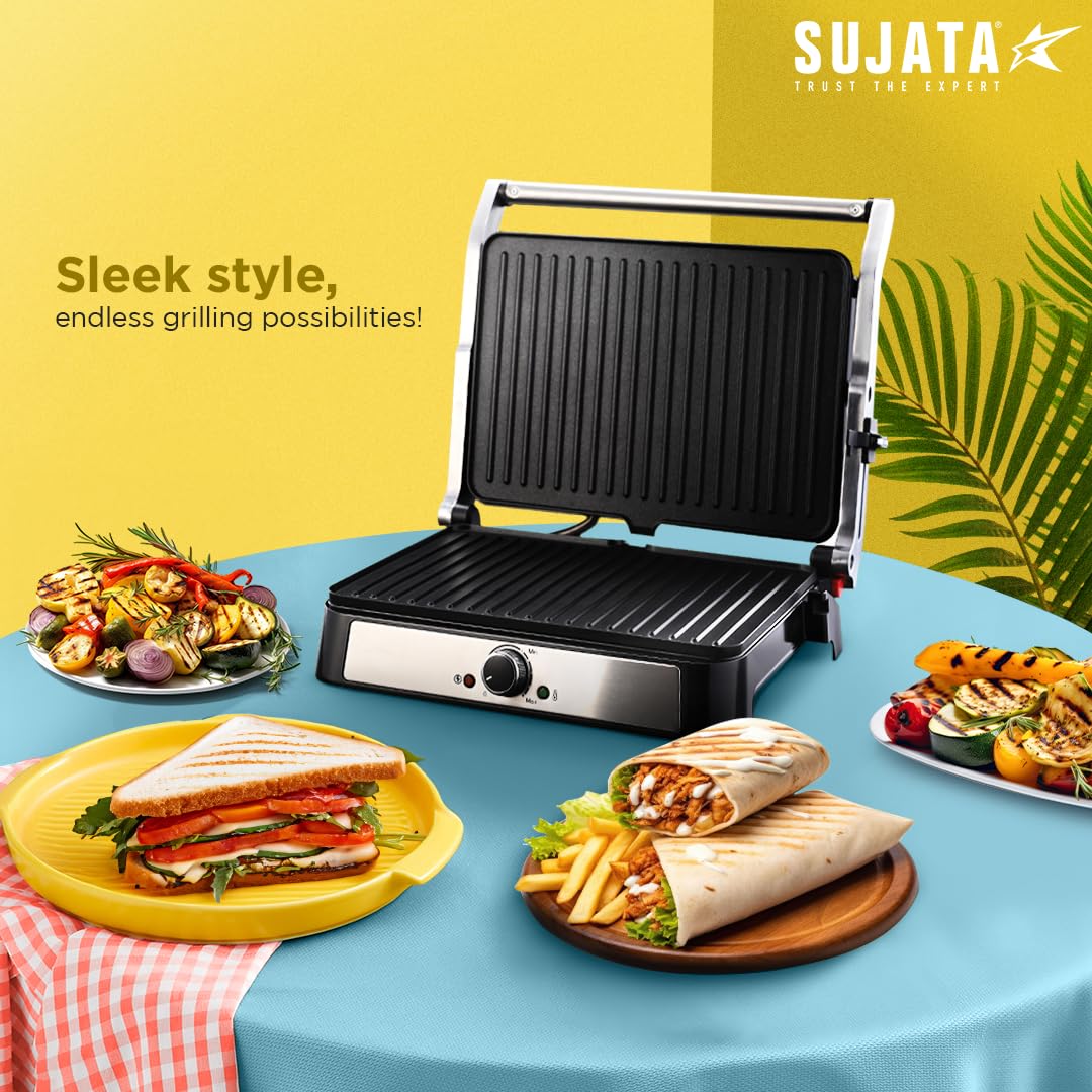Sujata Multi Purpose Grill SG01 open view showing ribbed non-stick Teflon coated aluminium grill plates with stainless steel body and adjustable thermostat knob