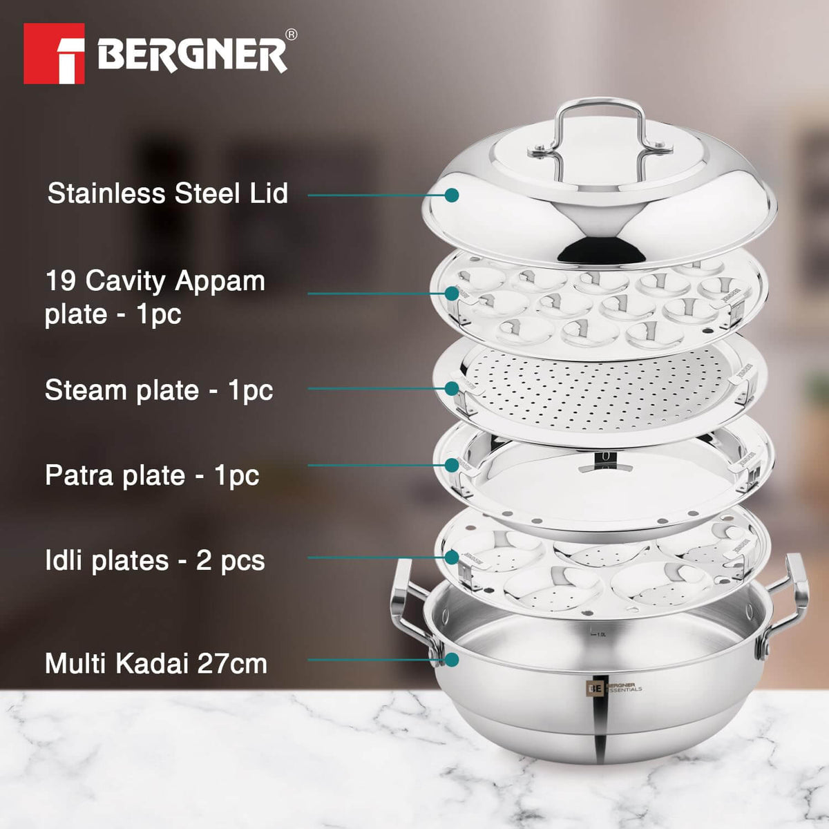 Bergner Essentials Triply Stainless Steel 27cm Multi Kadai with 2 Plates