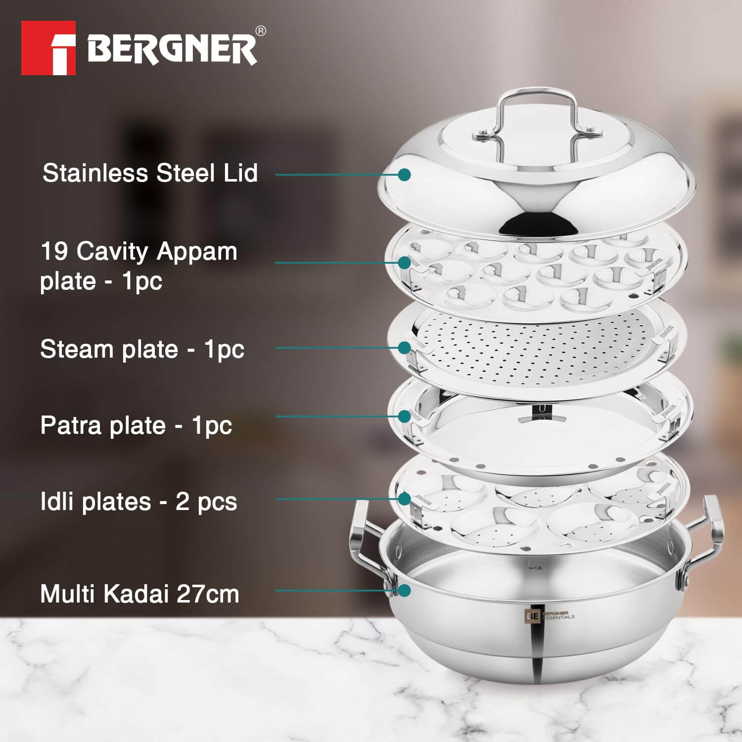 Bergner Essentials Triply Stainless Steel 27cm Multi Kadai with 2 Plates