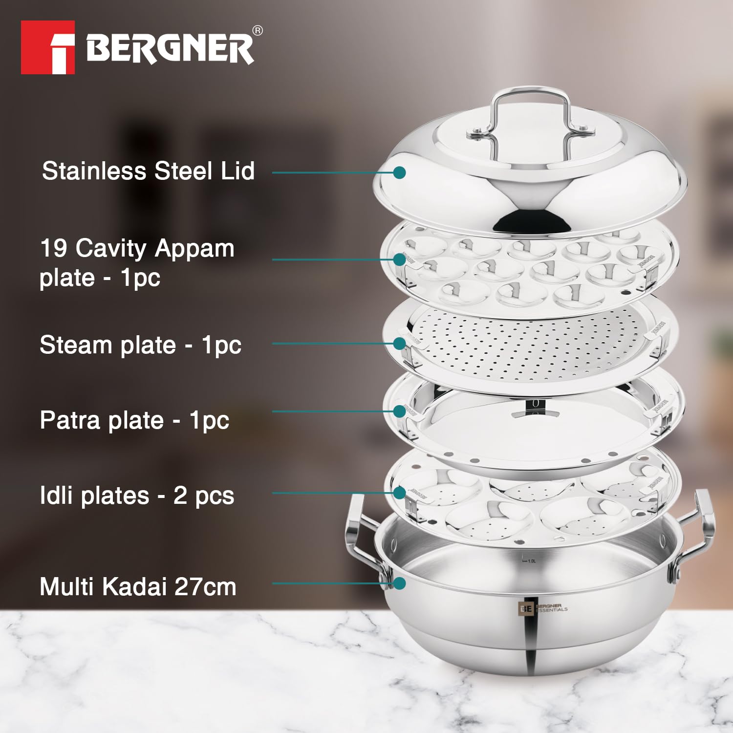 Bergner Essentials Triply Stainless Steel 27cm Multi Kadai with 5 Plates - Induction Compatible