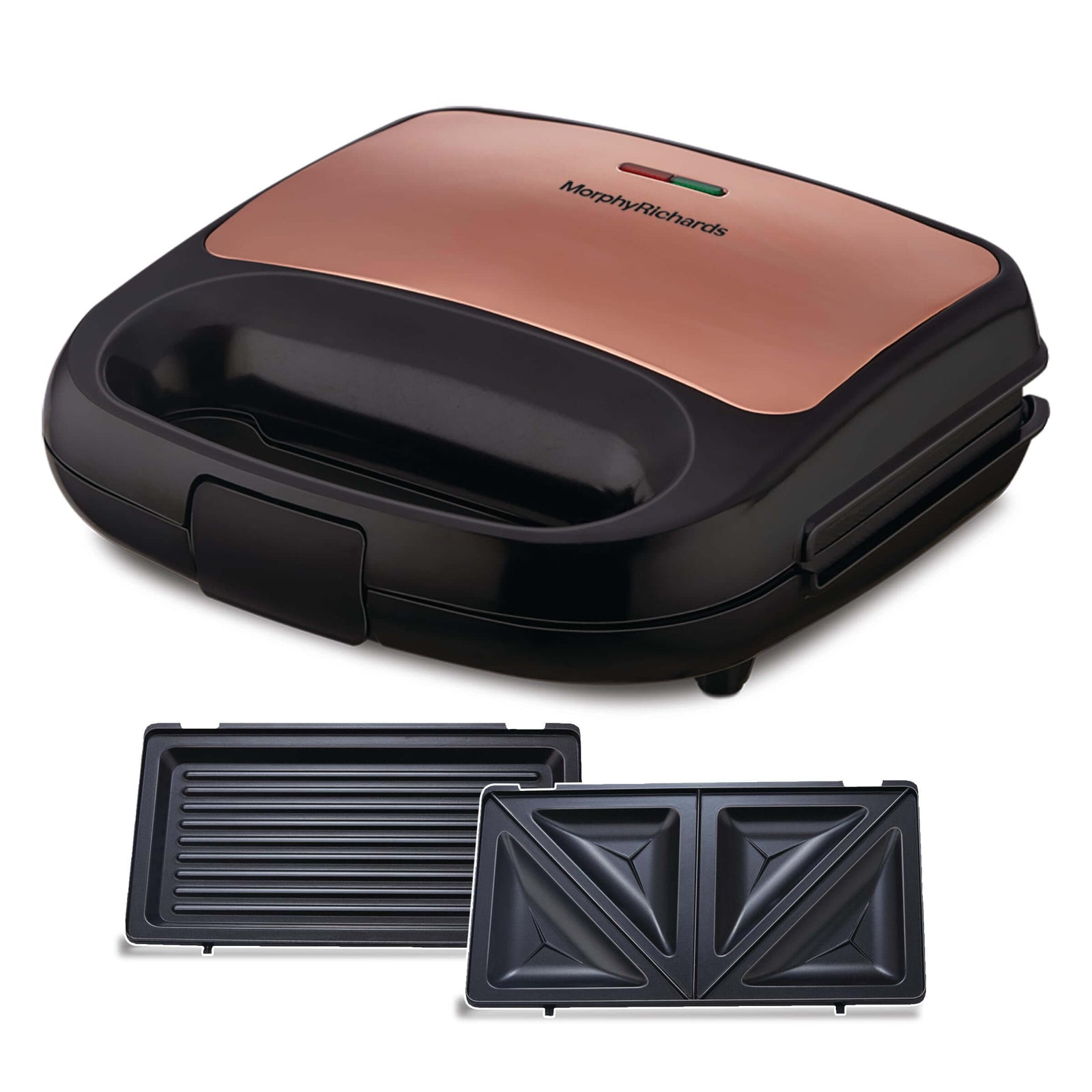 Morphy Richards 2-in-1 sandwich maker in luxe rose gold with interchangeable cooking plates for grilling and sandwich making.