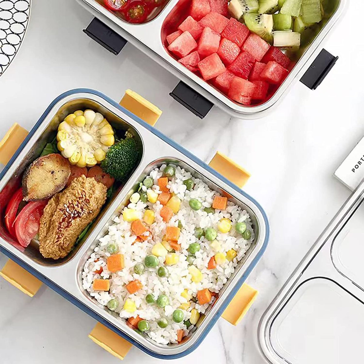 Lunch Box Compartment Stainless Steel with Spoon, for School, Lunch Box for Kids, Lunch Box for School & Office with a Fork, a Spoon and a Pair of Chopsticks