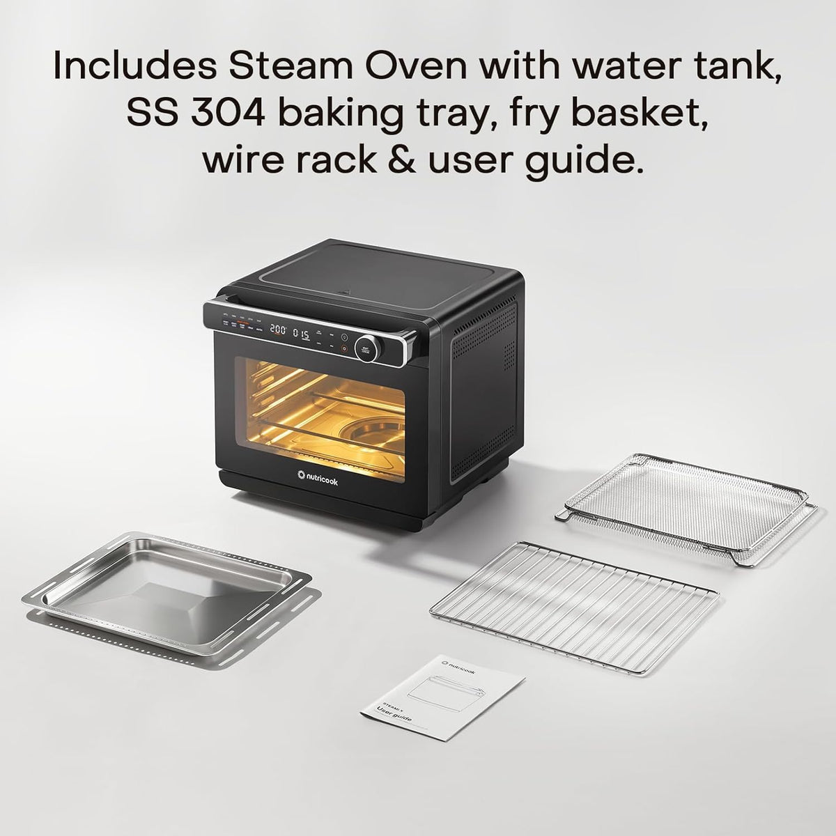Nutricook Steami X 24L steam air fryer oven box contents with fry basket, baking tray, wire rack and user guide