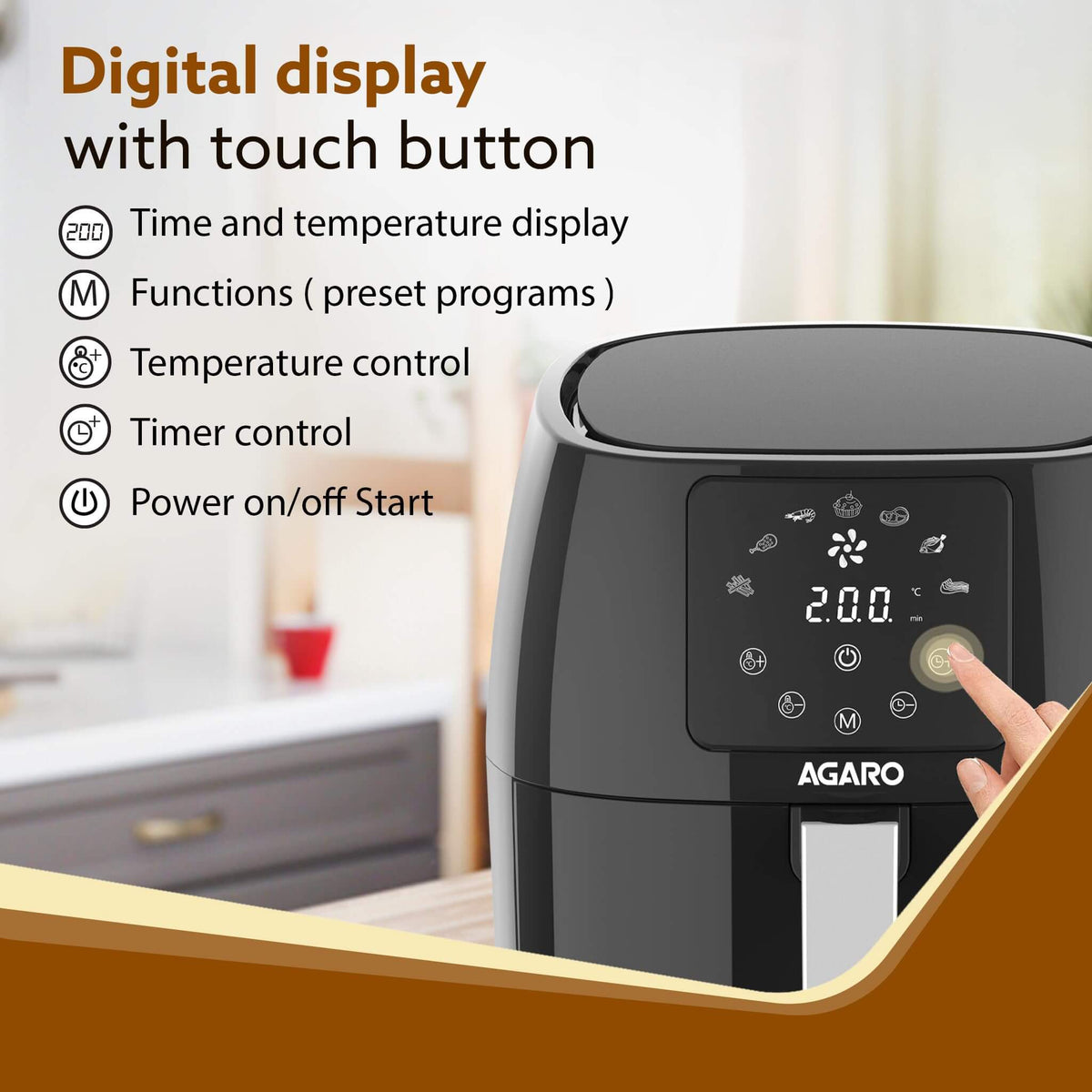 AGARO Sapphire air fryer showing detachable non-stick basket and handle