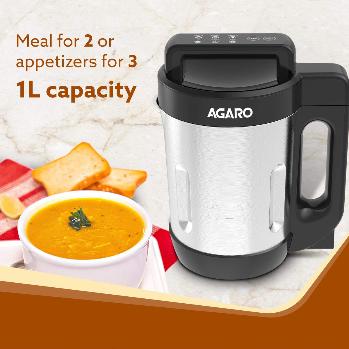 AGARO Elite Soup Maker displaying all included accessories and recipe booklet