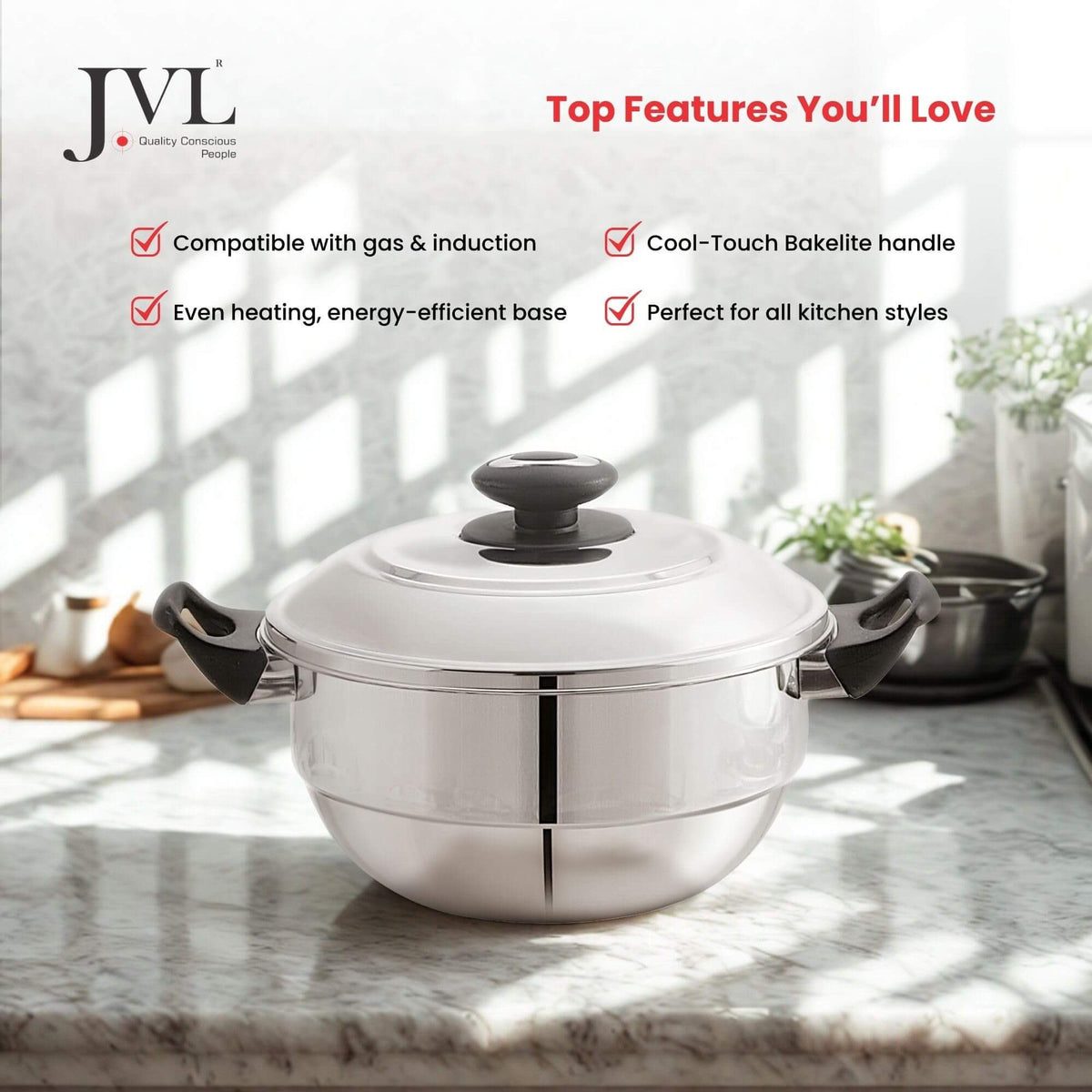 Premium tri-ply construction multi kadai with dhokla plates and steamer accessories
