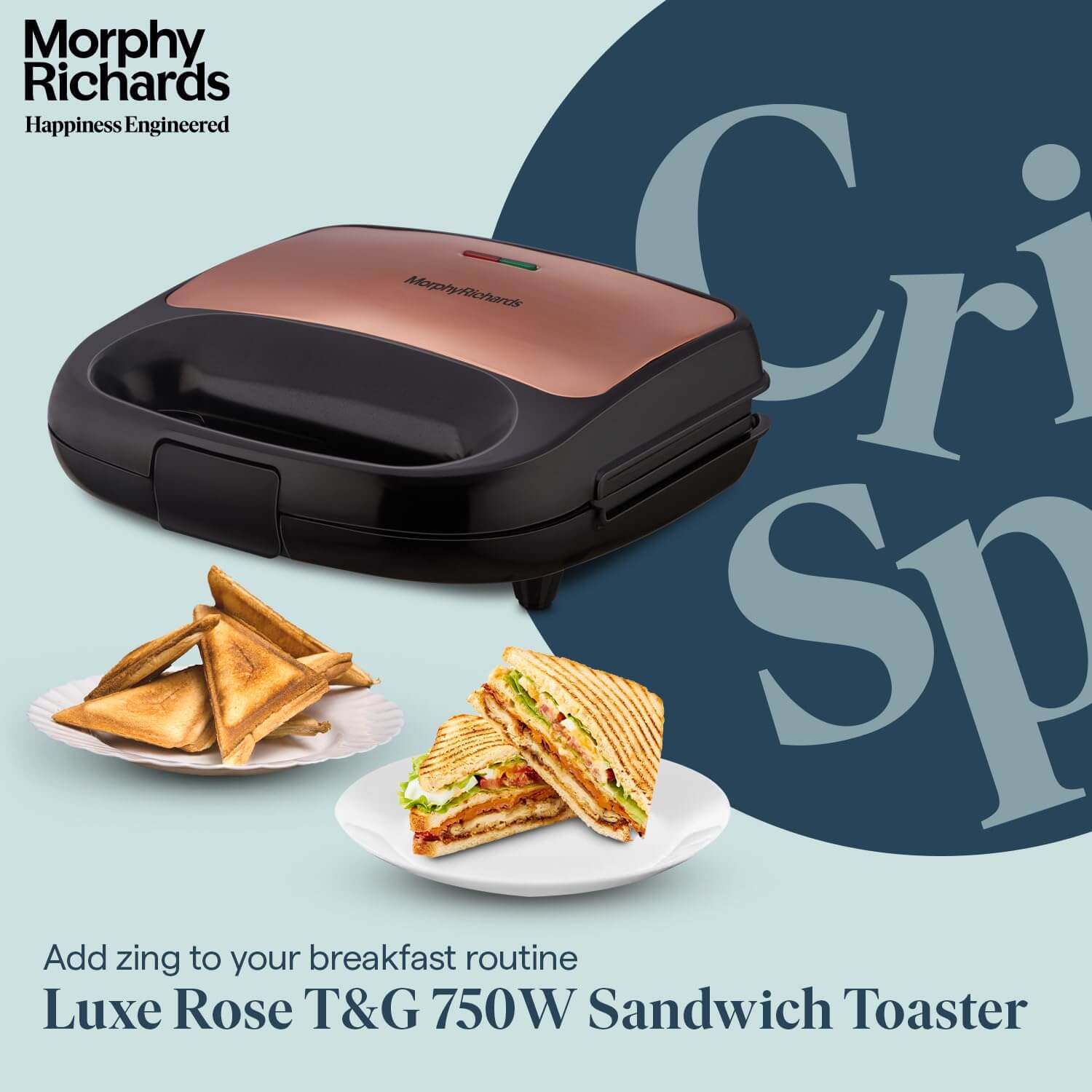 Morphy Richards Luxe Rose 750W sandwich maker with toasted sandwiches on a plate, promoting versatile breakfast options.