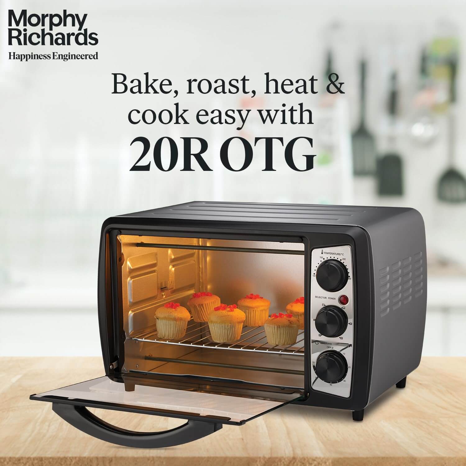 Morphy Richards 20L OTG oven baking with cupcakes, featuring multiple heating modes and rotisserie function.