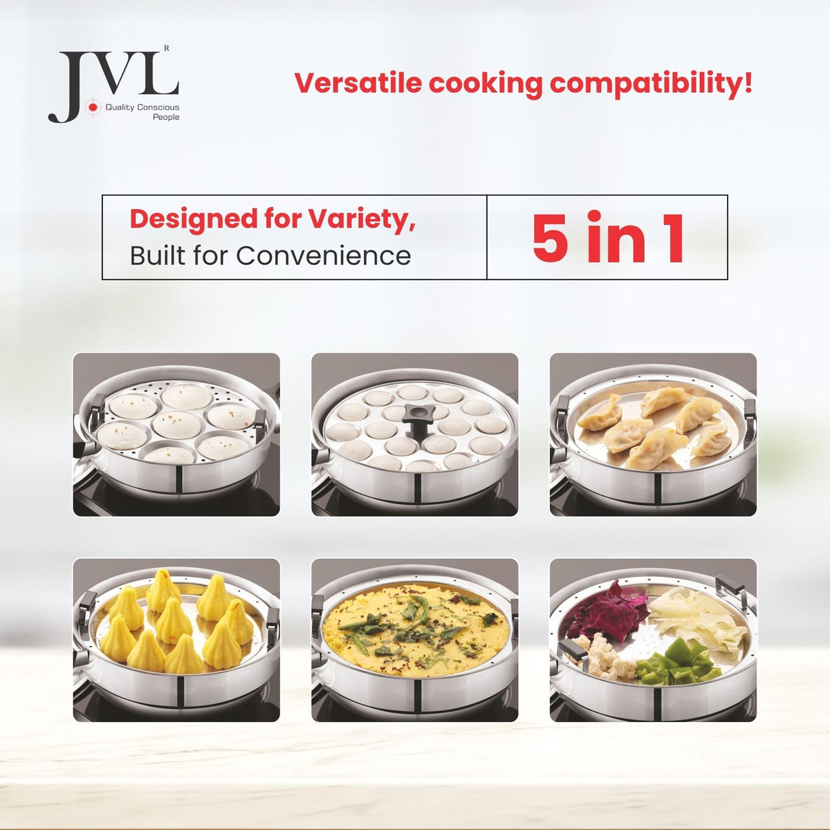 JVL triply multi kadai steamer set MK-28 with complete plate set for Indian cooking gas and induction compatible
