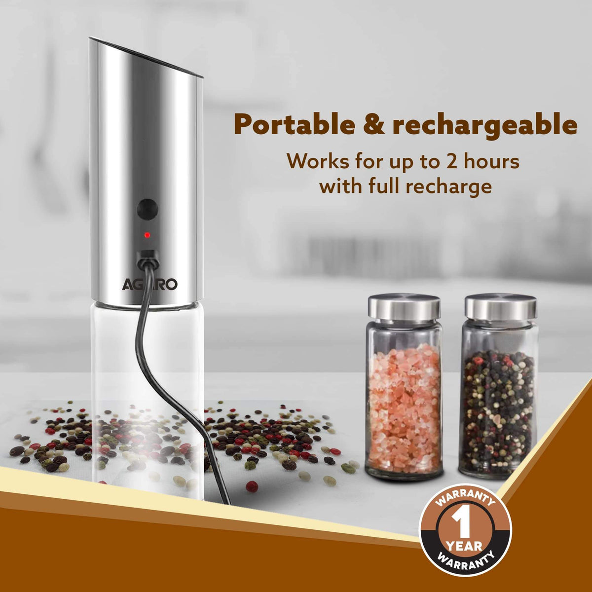 Portable pepper grinder with rechargeable feature and Agaro brand logo.