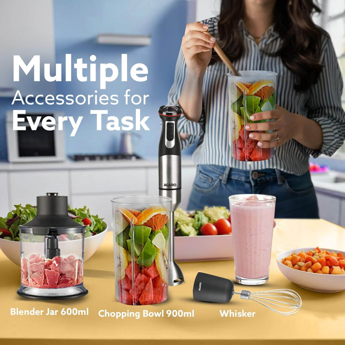 Professional-grade 1000W hand blender set with 900ml beaker and 600ml chopper jar