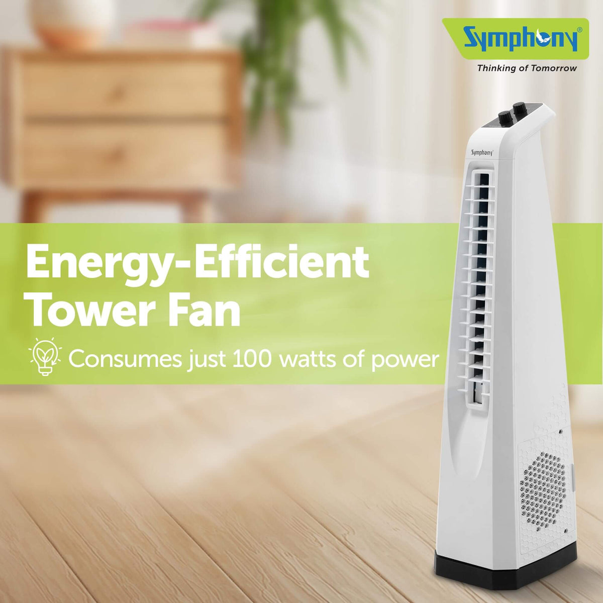 White Symphony Bladeless Tower Fan with 3-speed knob control for rooms up to 110 sqft