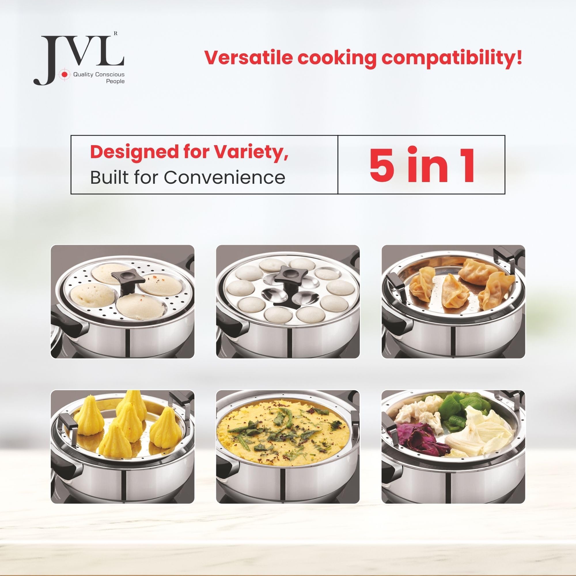 Induction compatible JVL steamer kadai set with 3 idli plates and stainless steel lid
