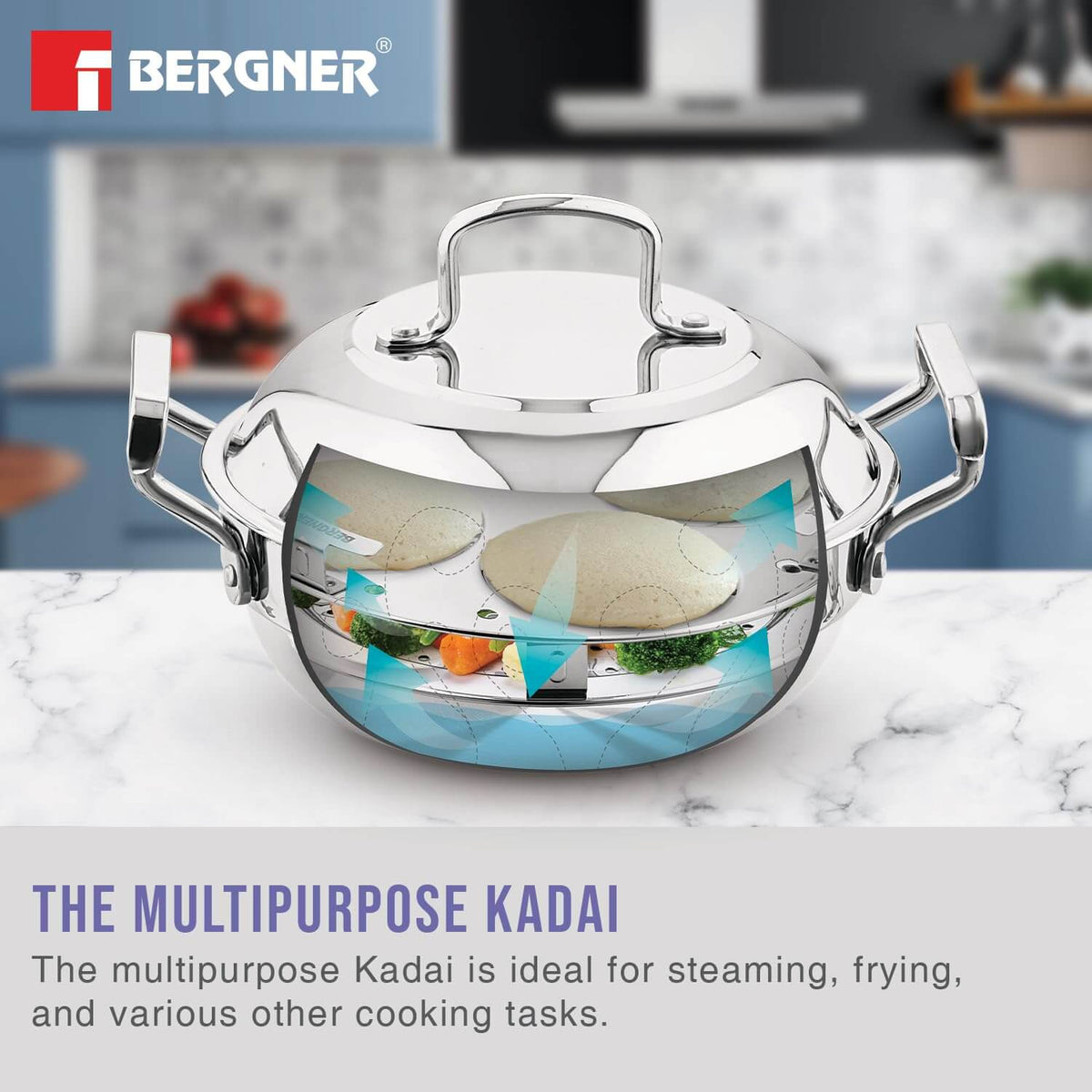 BERGNER 21cm multi kadai with dome lid and cooking plates on white background