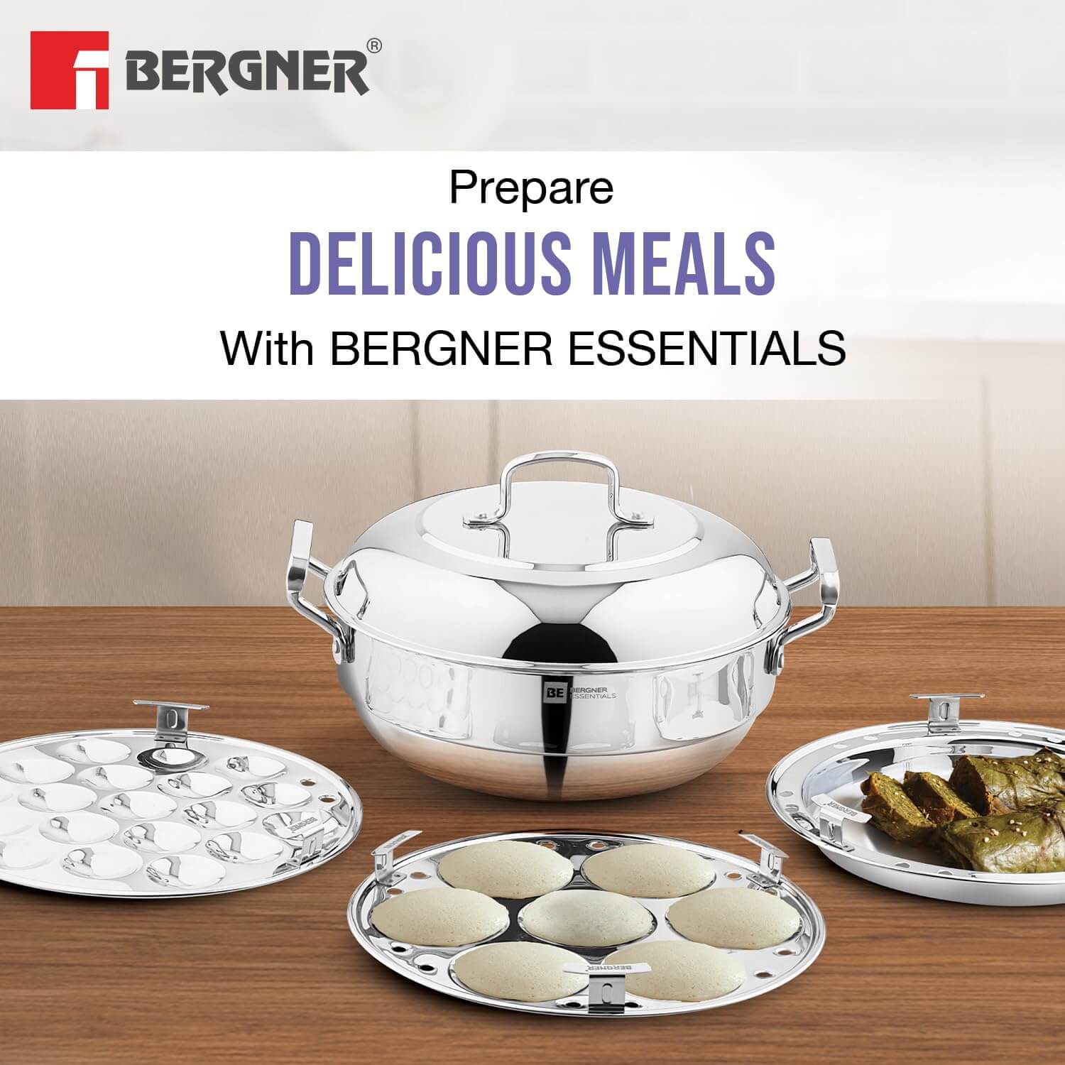 Bergner Essentials Triply Stainless Steel 27cm Multi Kadai with 2 Plates