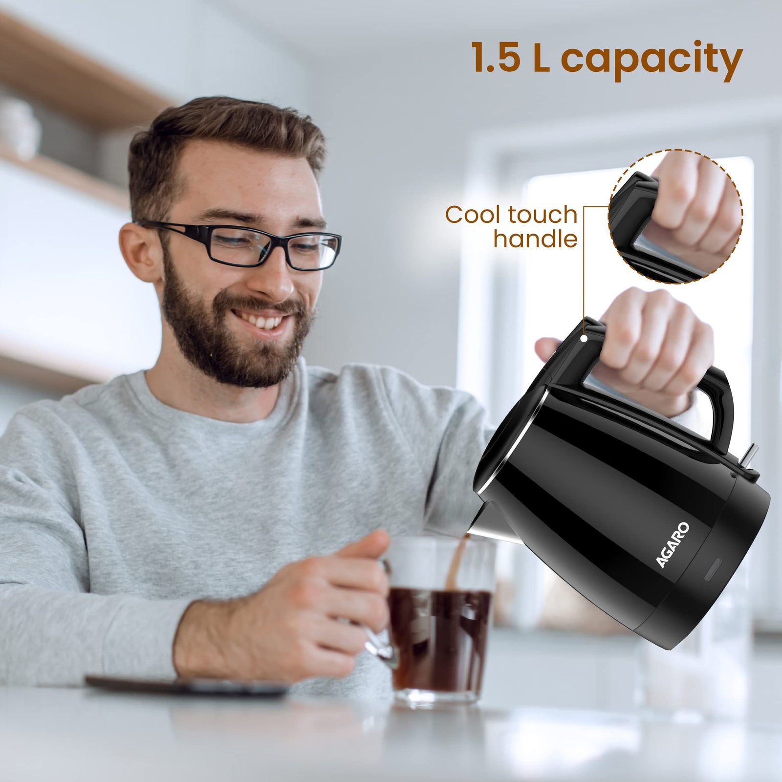 AGARO Royal Double Layered Electric Kettle, 1.5L, 1500W, Cool Touch, Stainless Steel Interior, Black