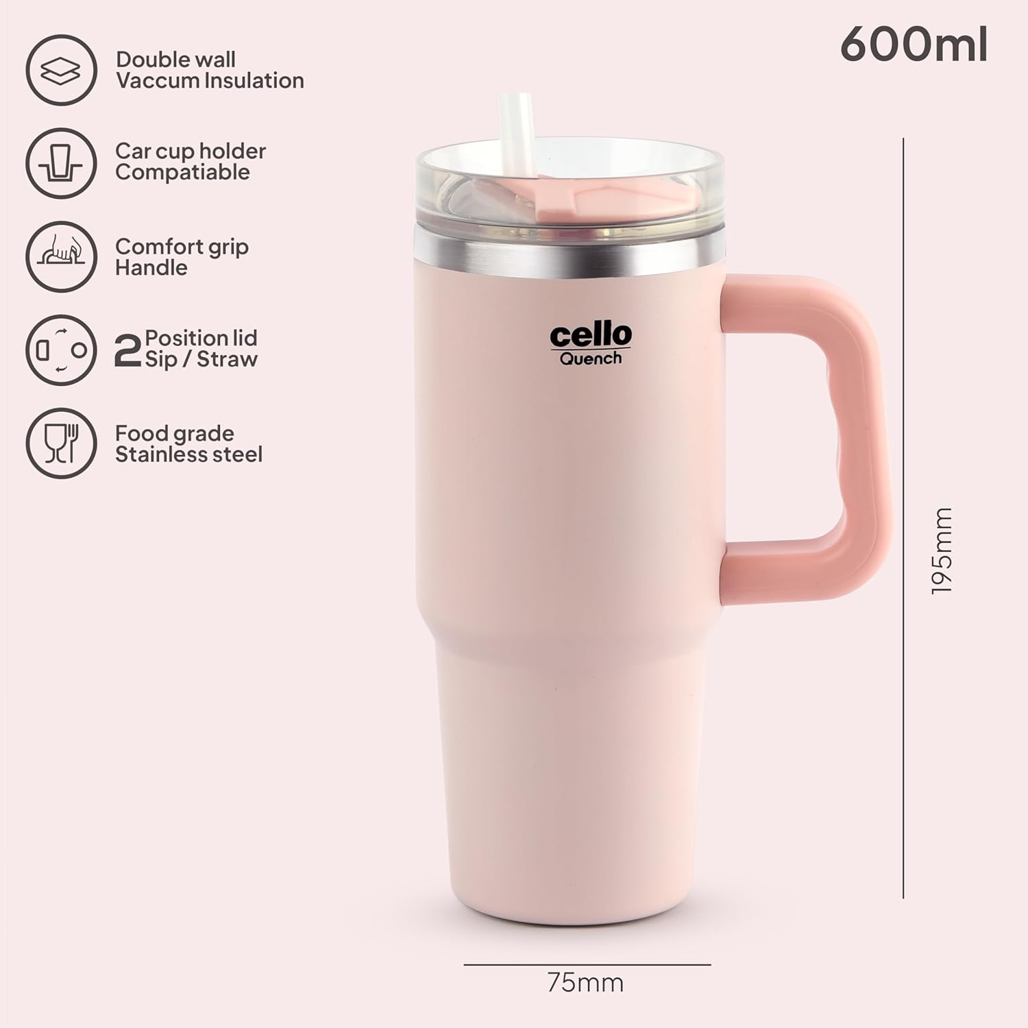 Cello Quench Insulated Stainless Steel Tumbler 550ml with Straw & Handle