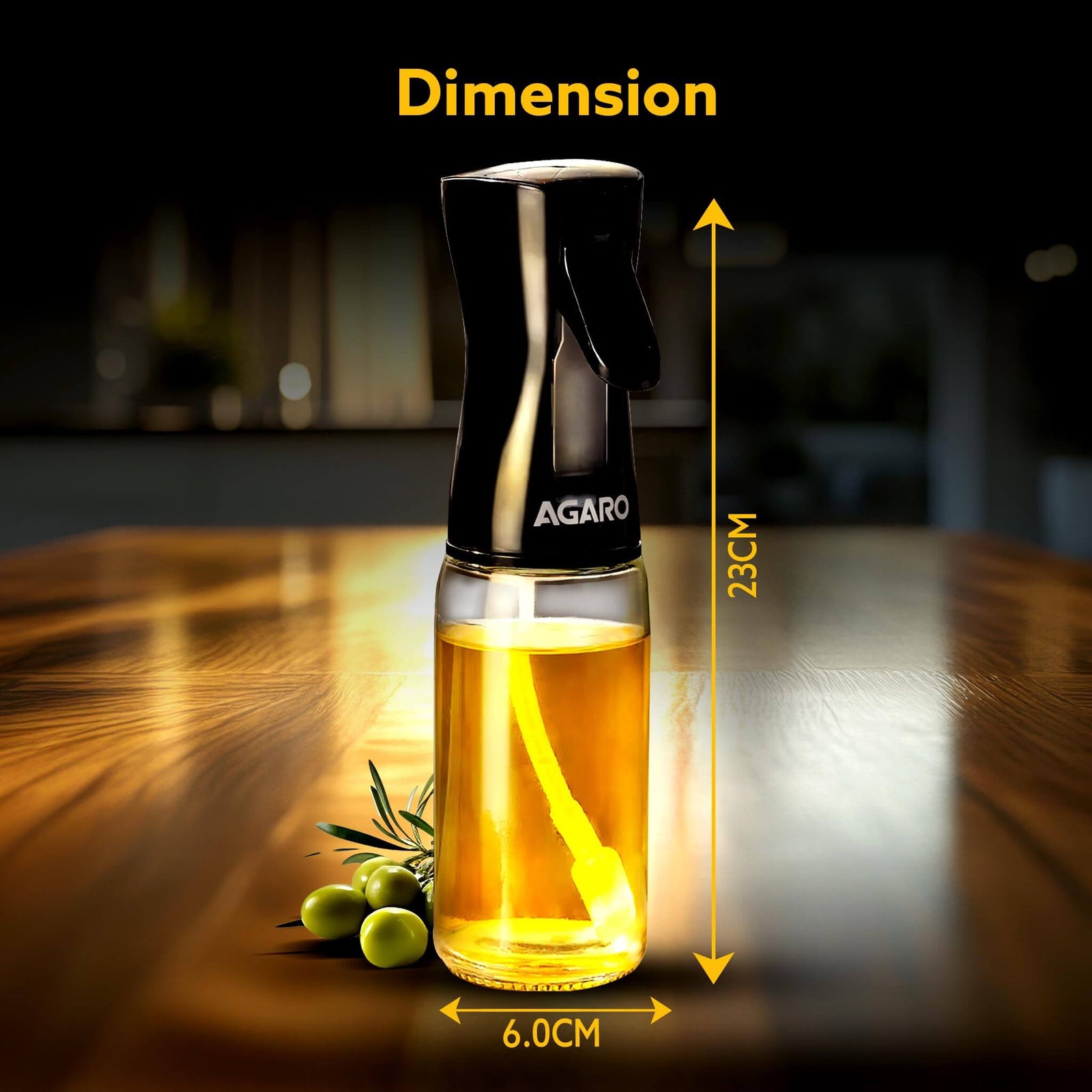 Agaro oil sprayer with dimensions labeled on a wooden surface