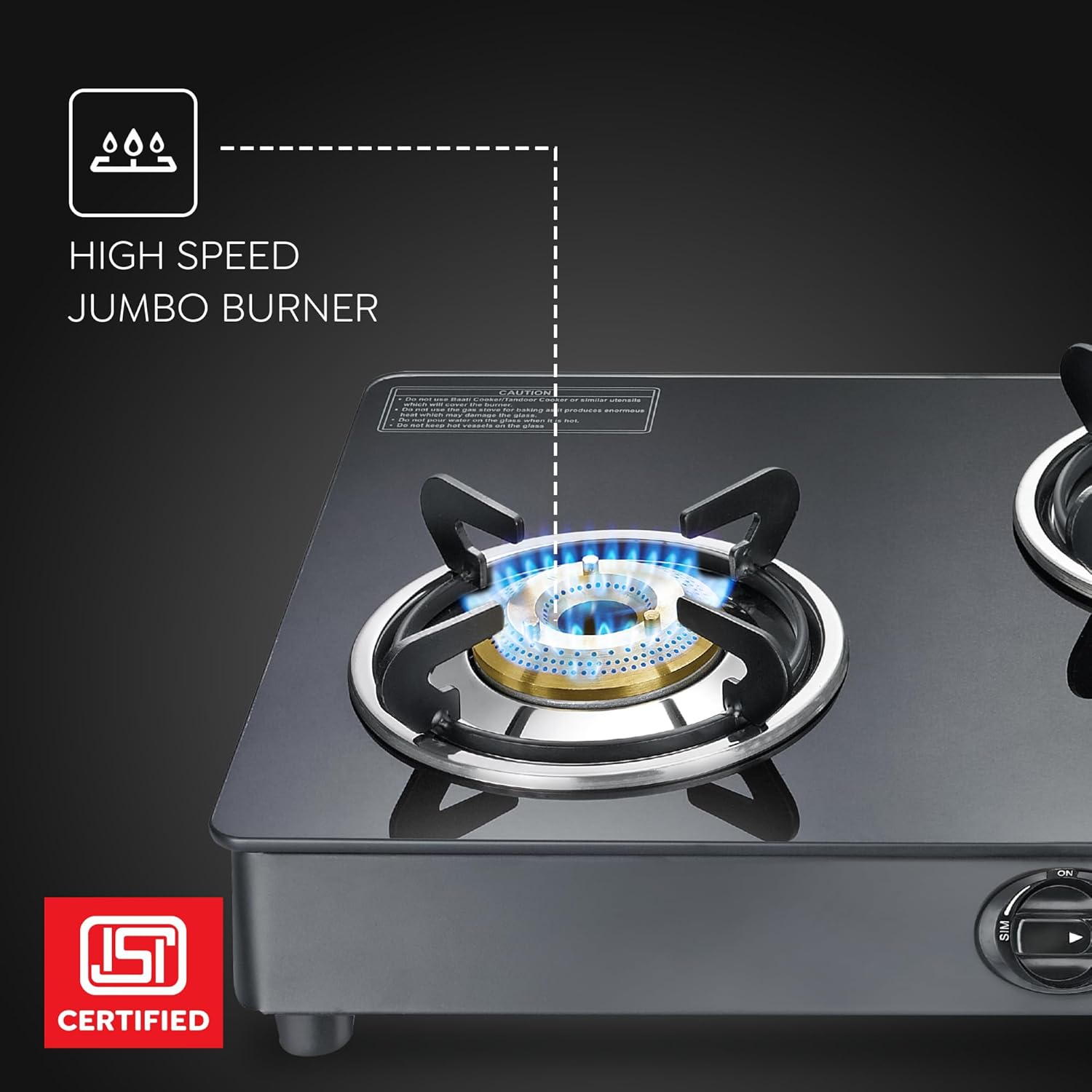Three burner gas cooktop with anti-skid feet and durable metal frame construction