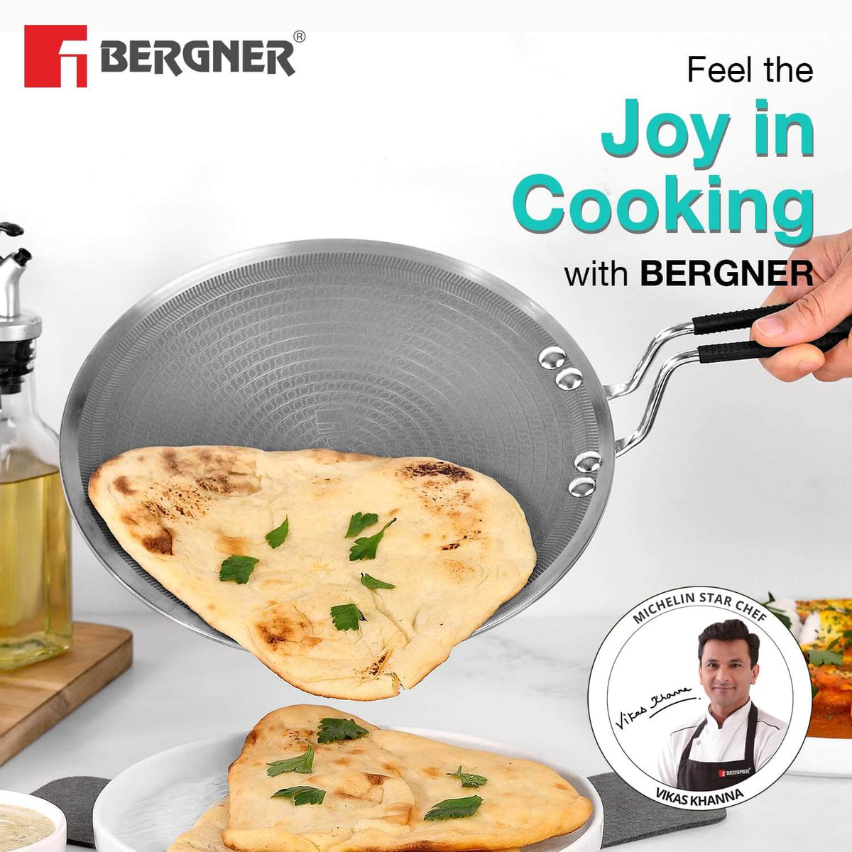 BERGNER Triply Construction Tawa with protective pan guard and induction-compatible base