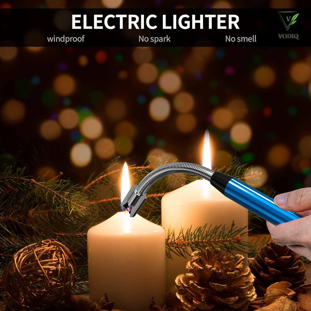 Electric rechargeable lighter igniting candles with a flexible neck, designed for windproof and flameless use.