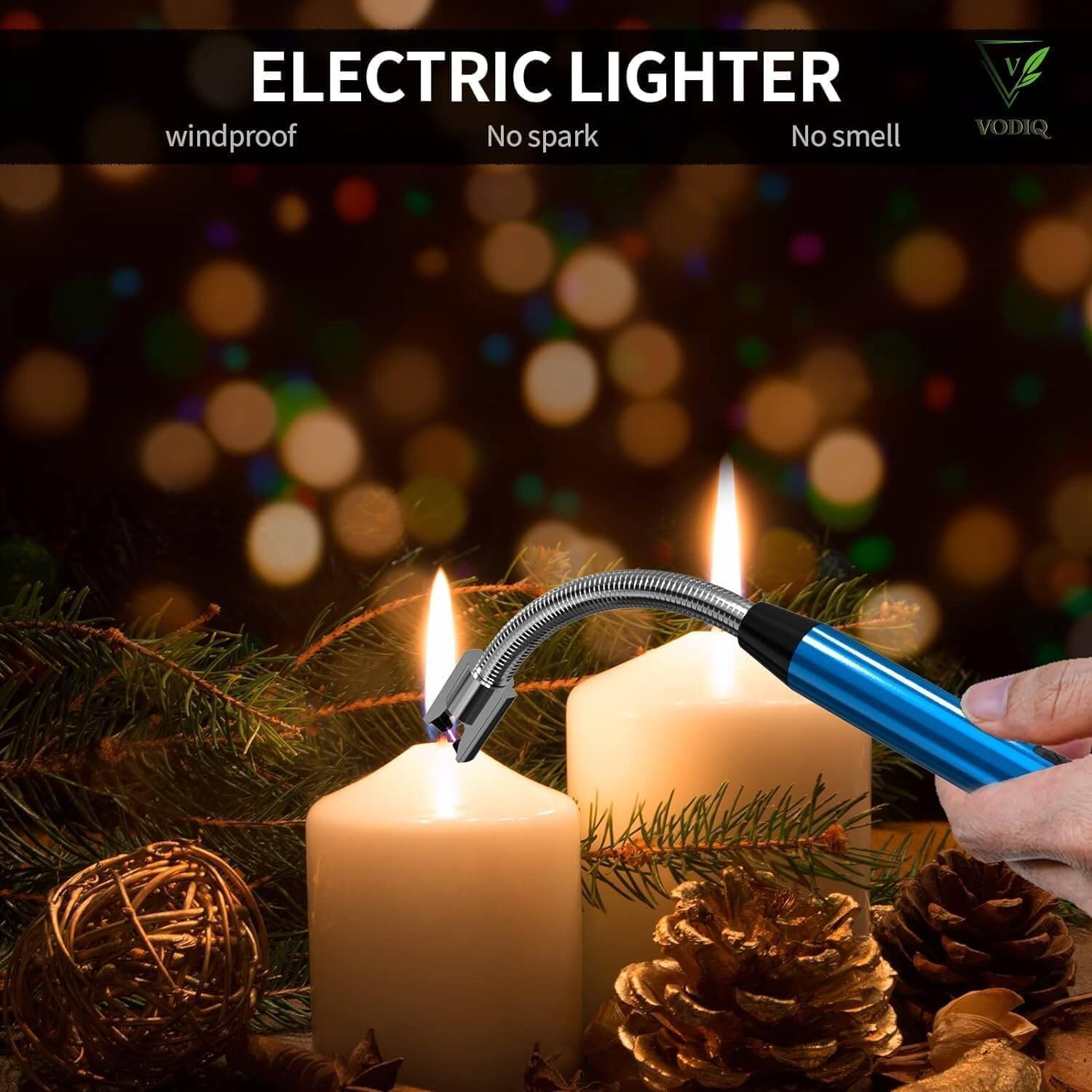 Electric rechargeable lighter igniting candles with a flexible neck, designed for windproof and flameless use.