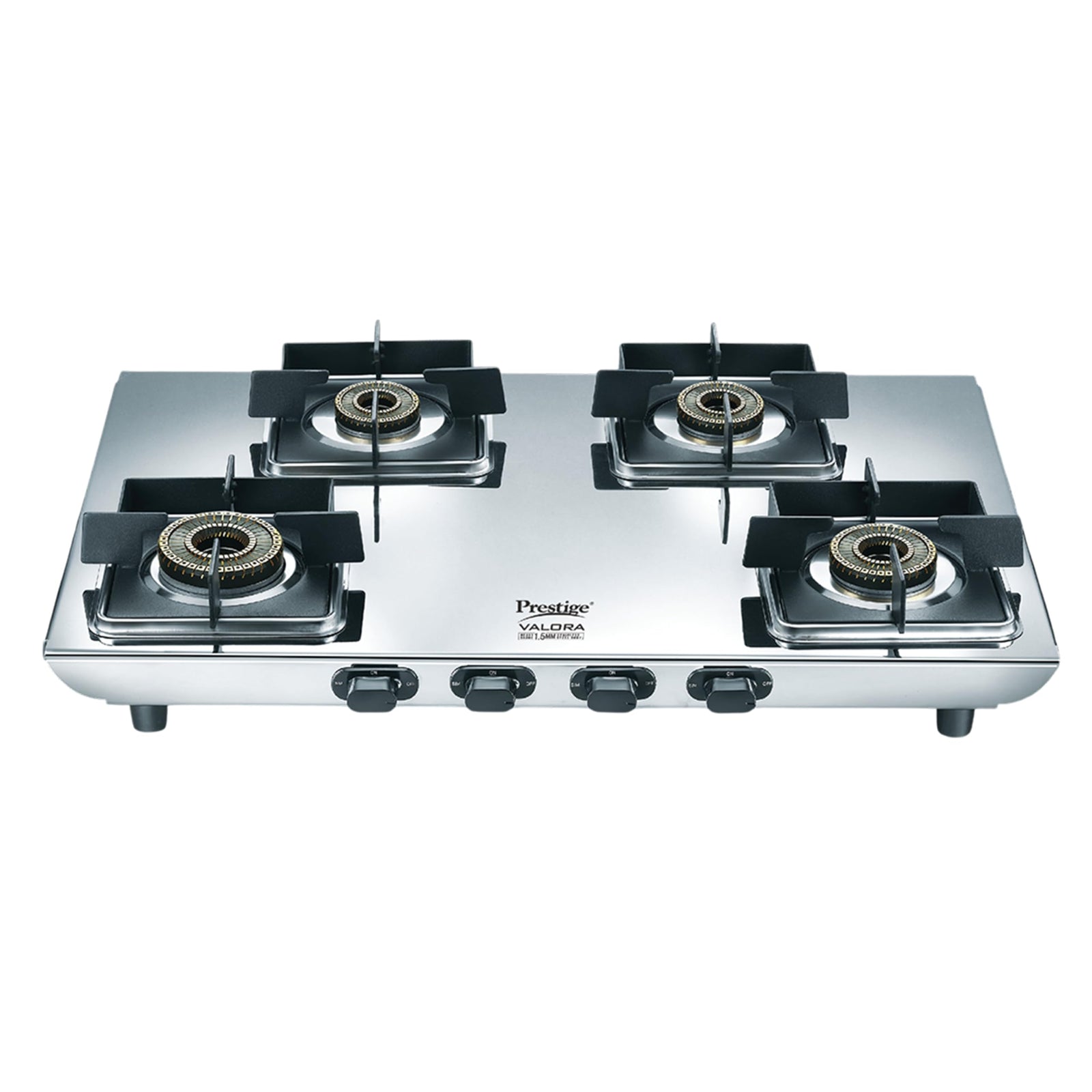 Prestige Valora 04B Stainless Steel Body L.P. Gas Stove 4 Brass Burners Silver|Wind Guard Pan Support|360° Revolving Nozzle|Removable Spill Tray