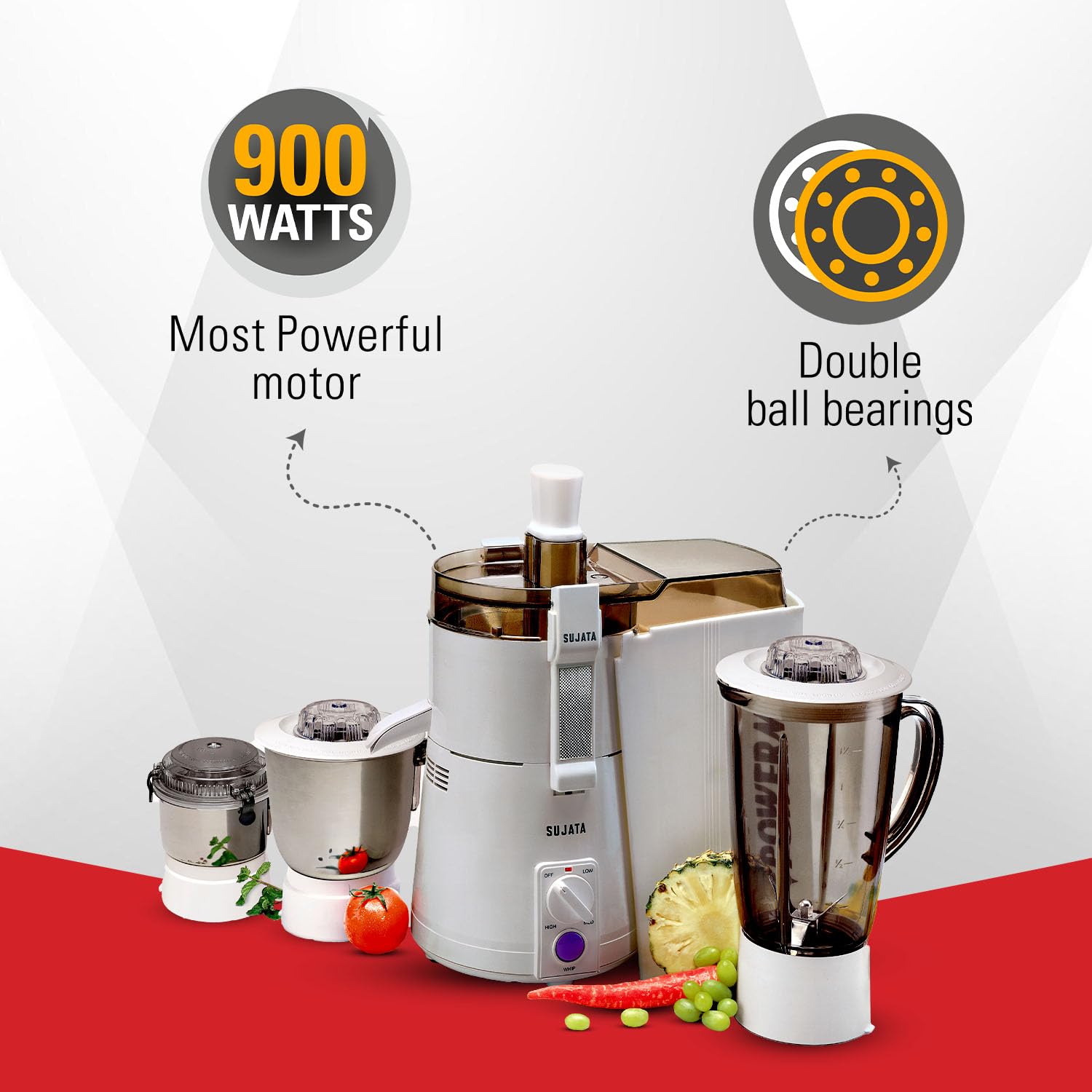 Sujata Powermatic Maxima 900 Watts All-In-One Juicer Mixer Grinder | 22000 Rotations Per Min | 90 Minutes Continuous Running | 3 Versatile Jars 1750 Ml, 1000 Ml And 400 Ml, White