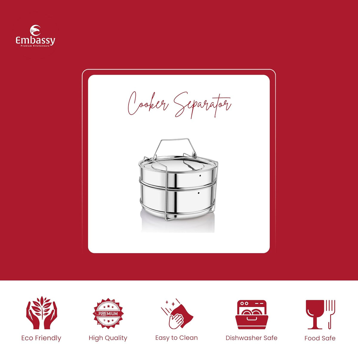 mbassy Stainless Steel Cooker Separator Set | 2 Containers with Lifter | Fits 4L Prestige Popular Cookers ( 5 Pieces)