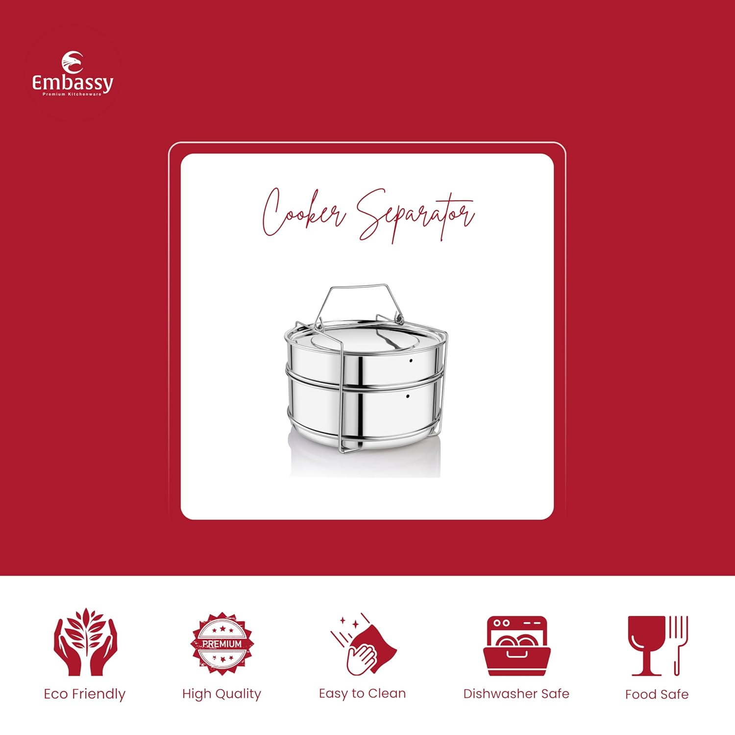 mbassy Stainless Steel Cooker Separator Set | 2 Containers with Lifter | Fits 4L Prestige Popular Cookers ( 5 Pieces)