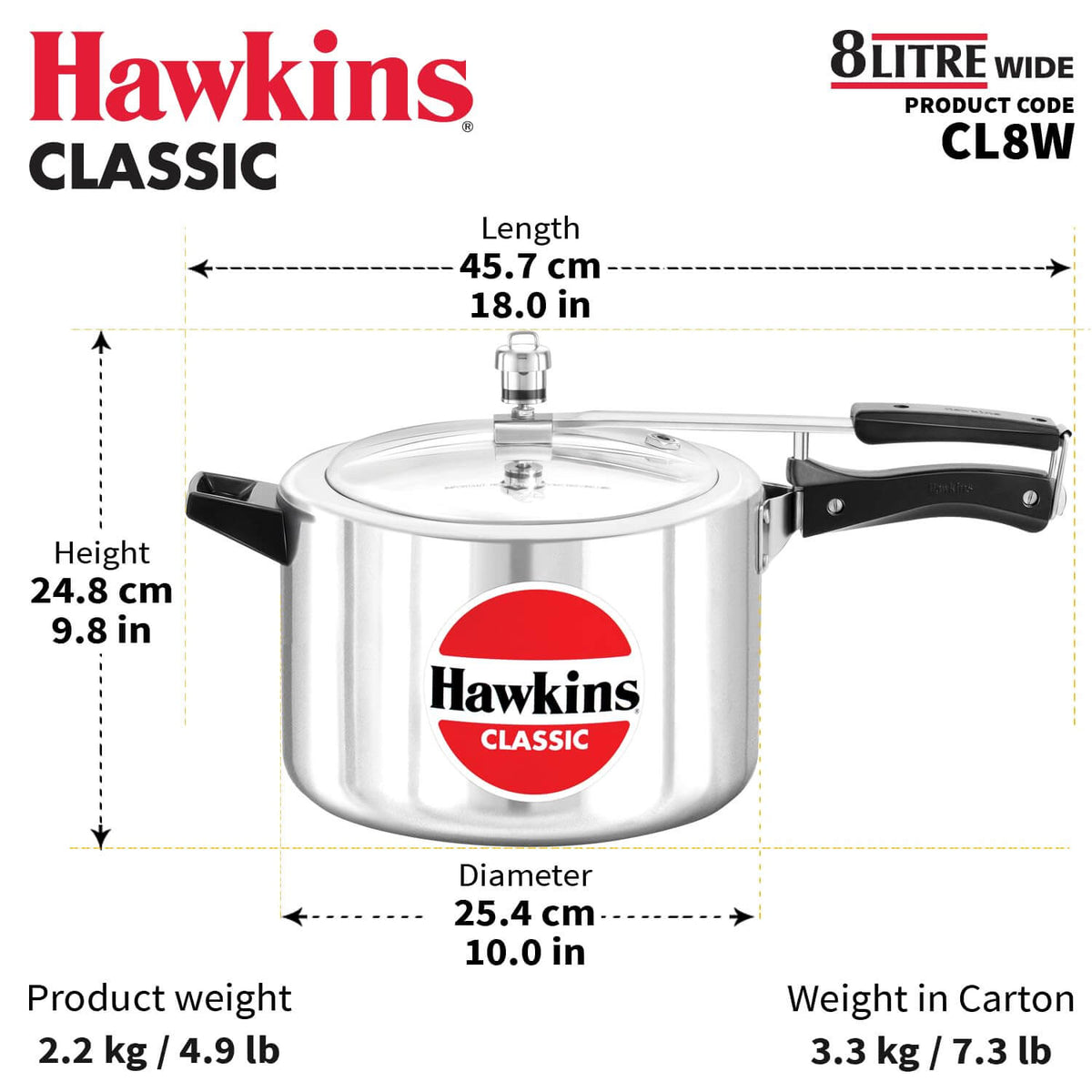 Hawkins Classic 8L Pressure Cooker dimensions