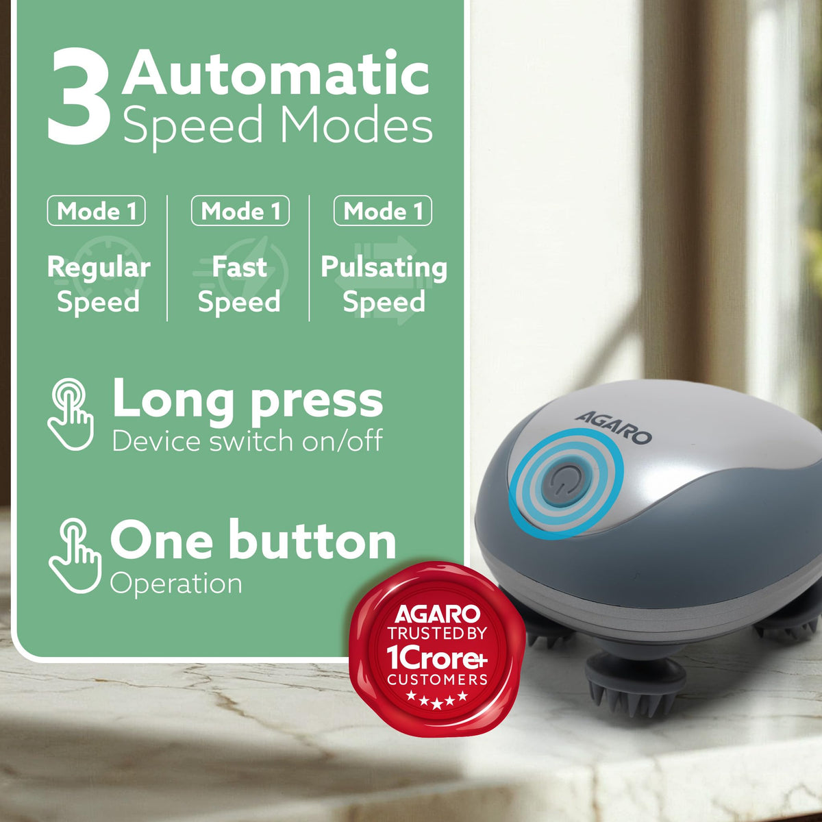 AGARO SM3675 head massager 3 automatic speed modes regular fast pulsating one button operation